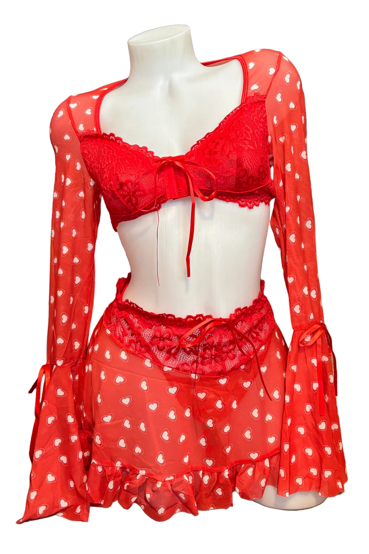 Heart Bell Sleeve Top and Skirt Set Red