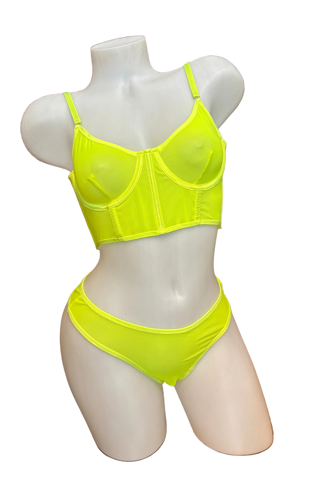 Mesh Underwire Cami and Thong Set Neon Yellow