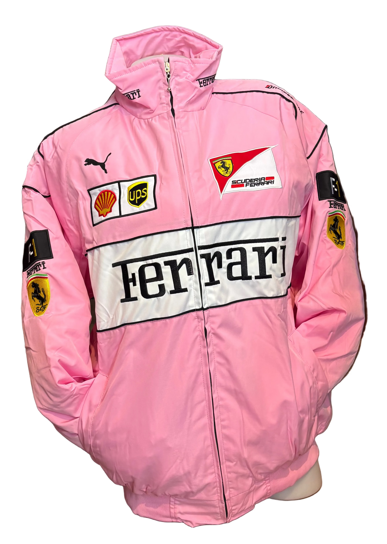 Baby pink Ferrari jacket from Model Express Vancouver, featuring a stylish design and comfortable fit for infants.