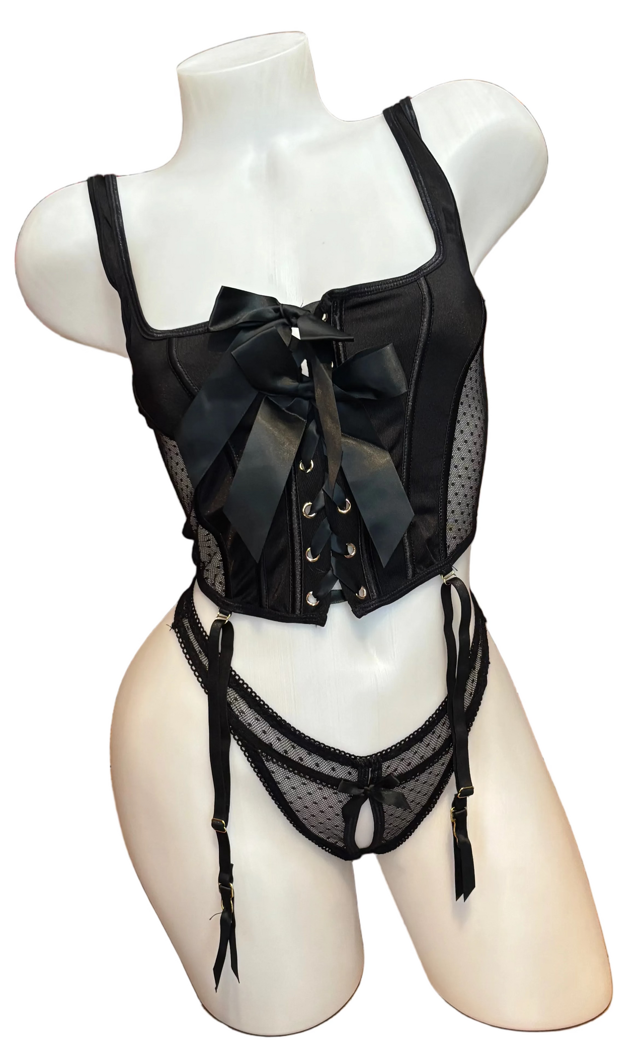 Dot Mesh Bustier with Grommet and Bow Detail