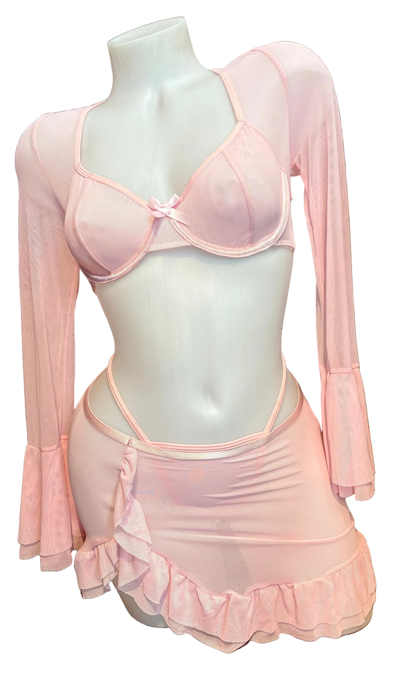 Bell Sleeve Underwire Top and Ruched Skirt Baby Pink