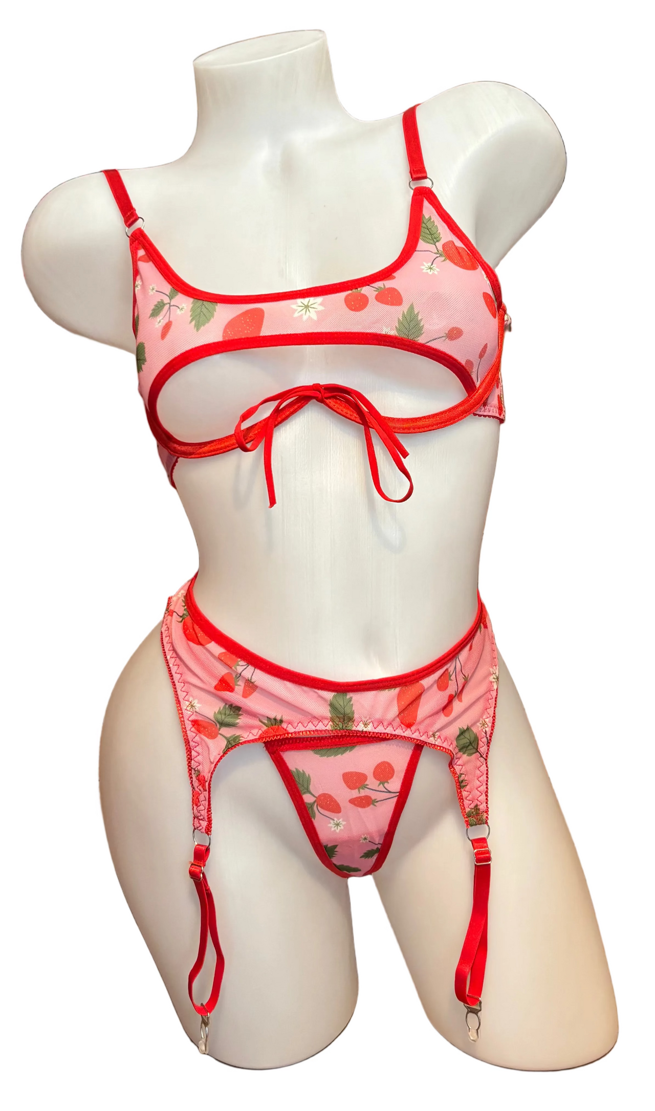 Cherry Underwire Bralette, Garter Belt and Thong