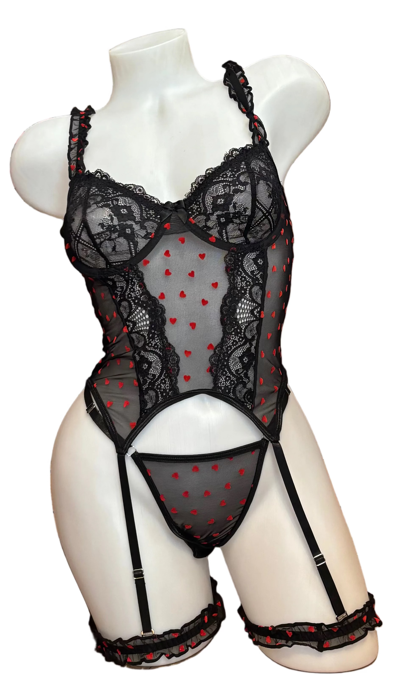 Sweetheart Bustier, Thong and Garters Black