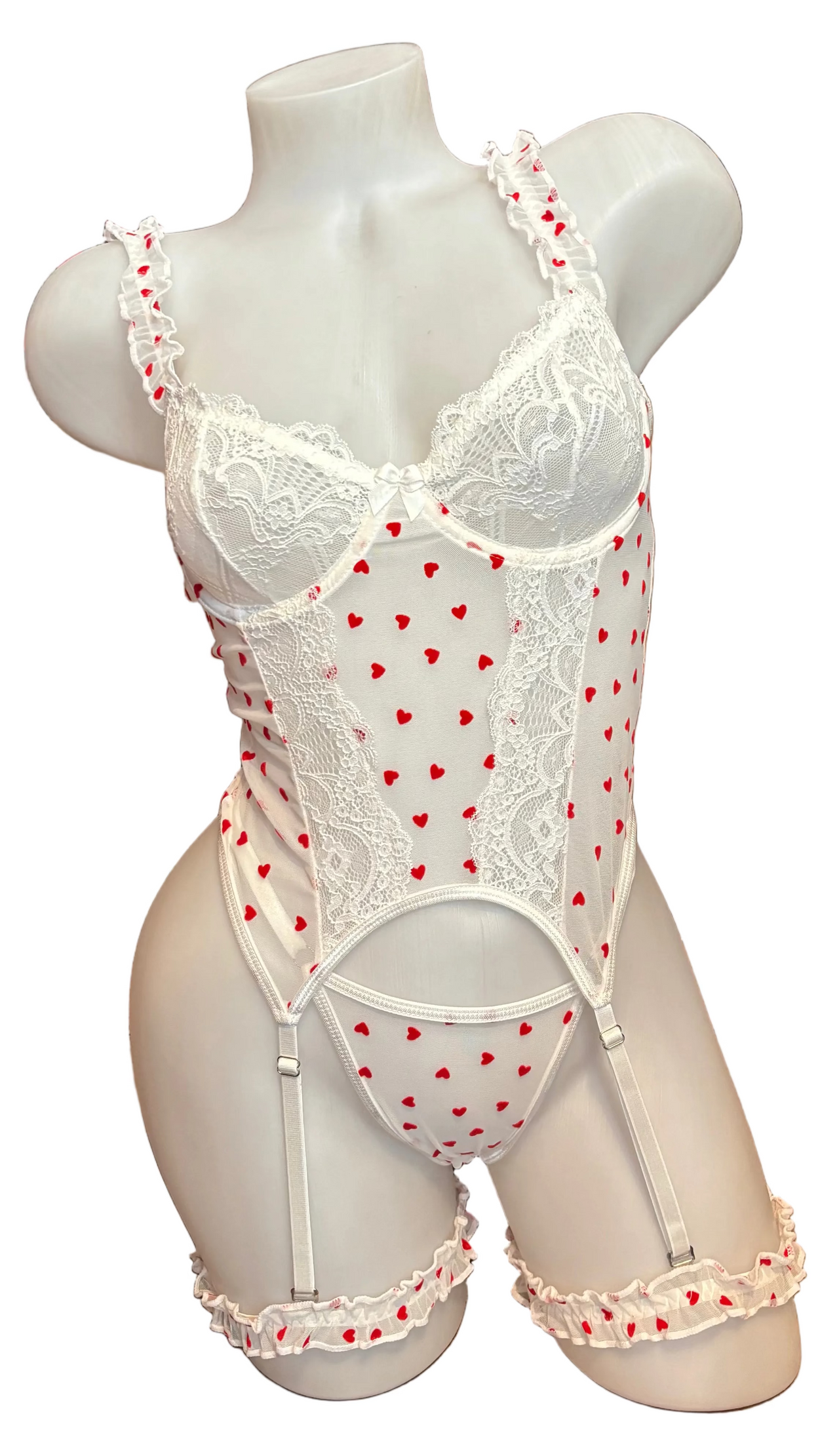 Sweetheart Bustier, Thong and Garters White