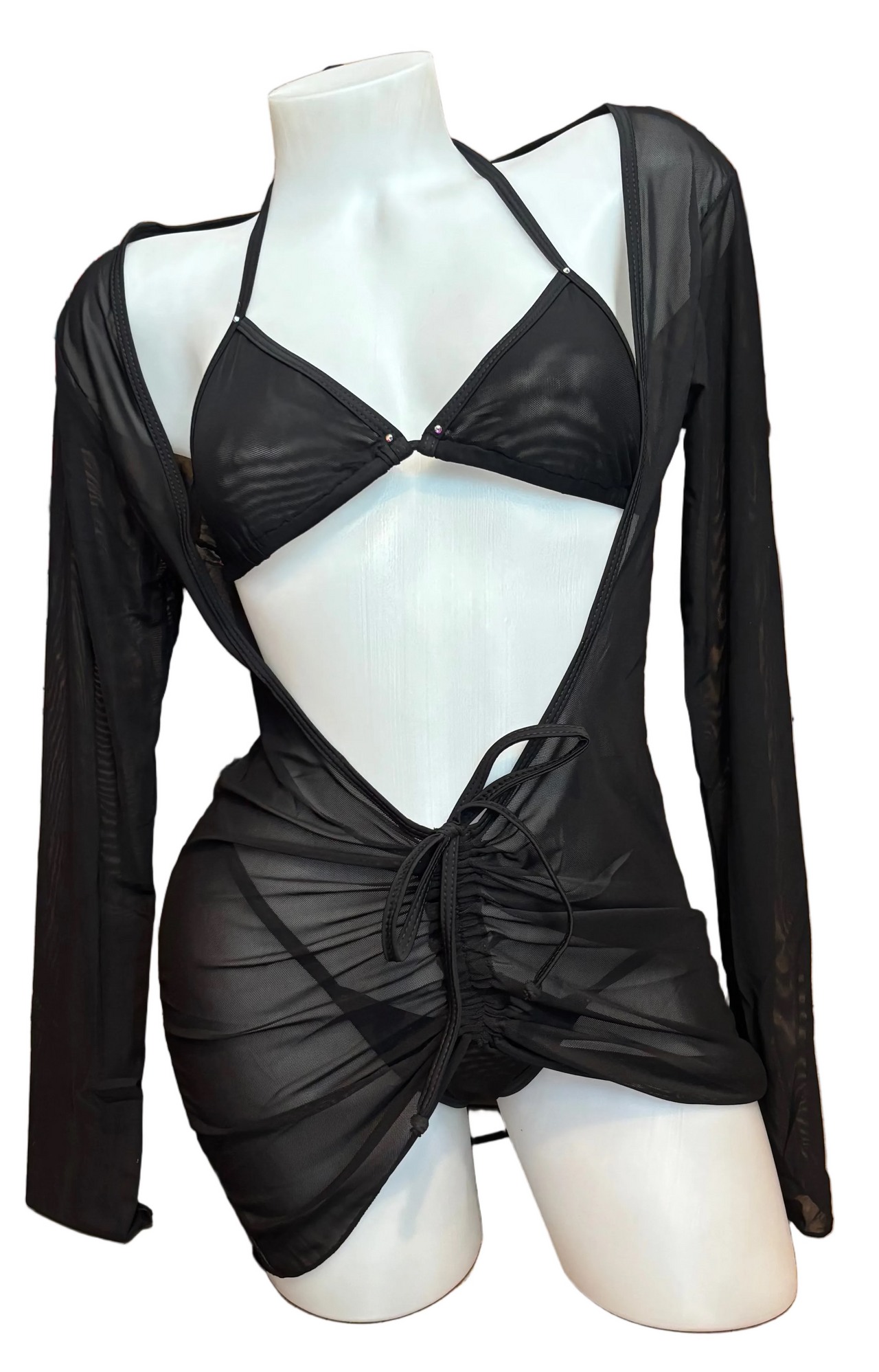 Mesh Long Sleeve Dress and Bikini Set