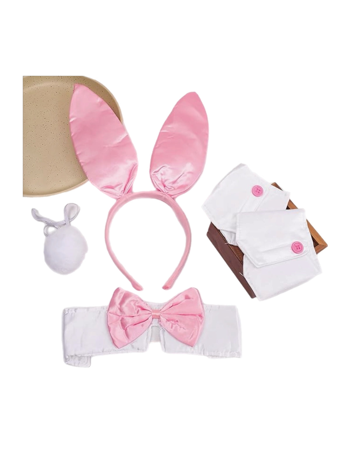 Pink Bunny Costume Set accessories by CL-BPI, featuring soft pink fur, bunny ears, and a plush tail for playful costume dressing.