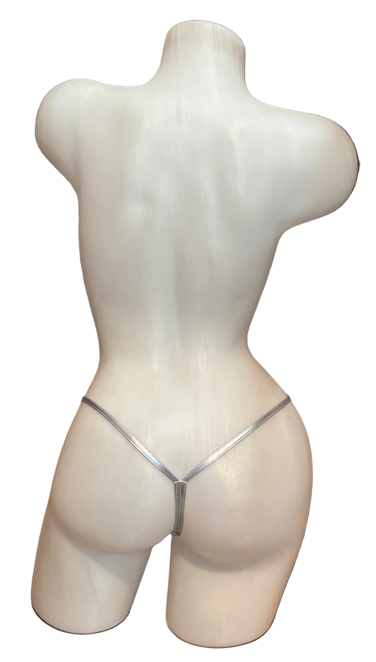 Silver Y-back G-string lingerie with clip details from FG, featuring minimalistic design and thin straps.