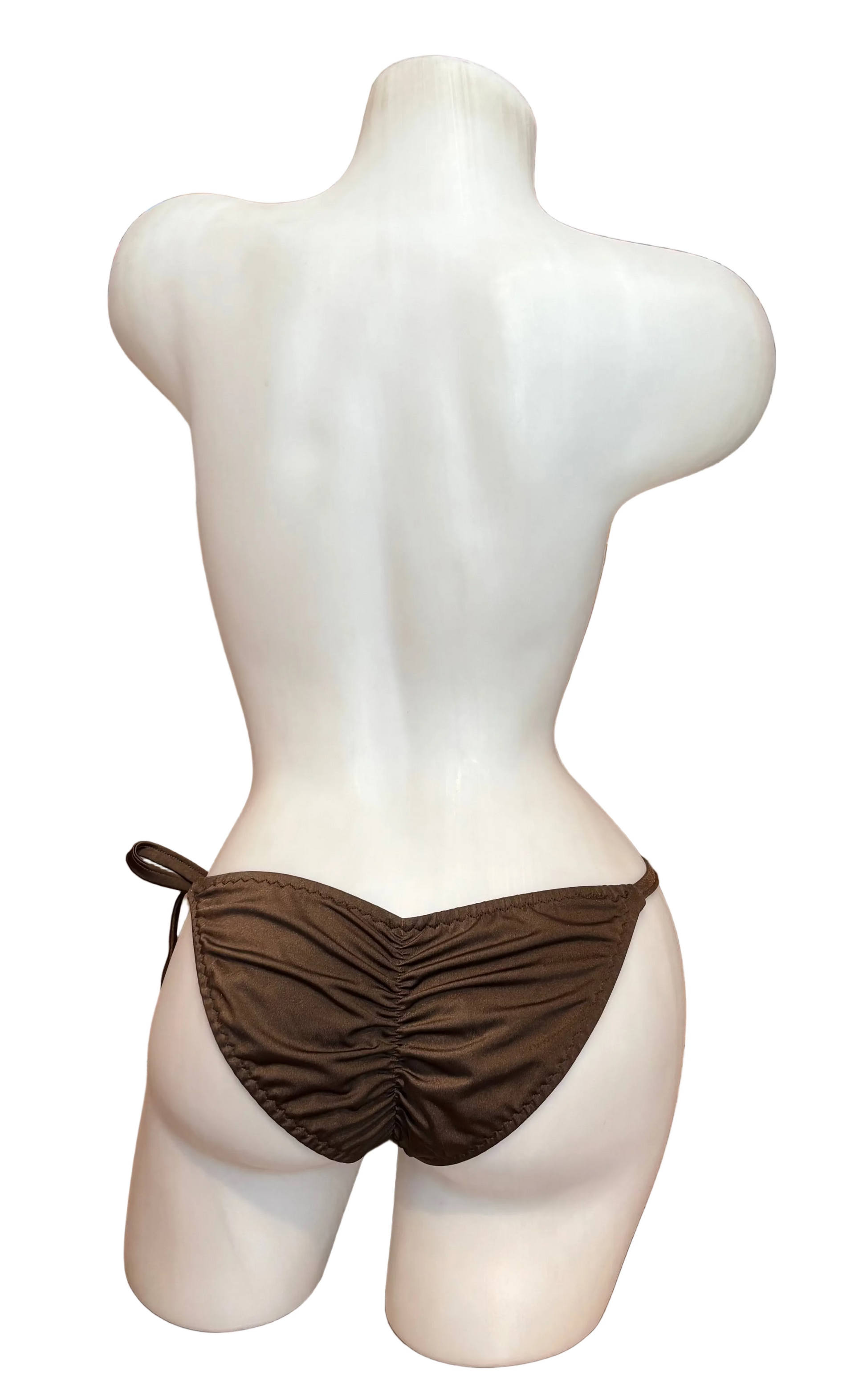 Brown BL bikini with scrunch back and tie sides, featuring a stylish thong design.