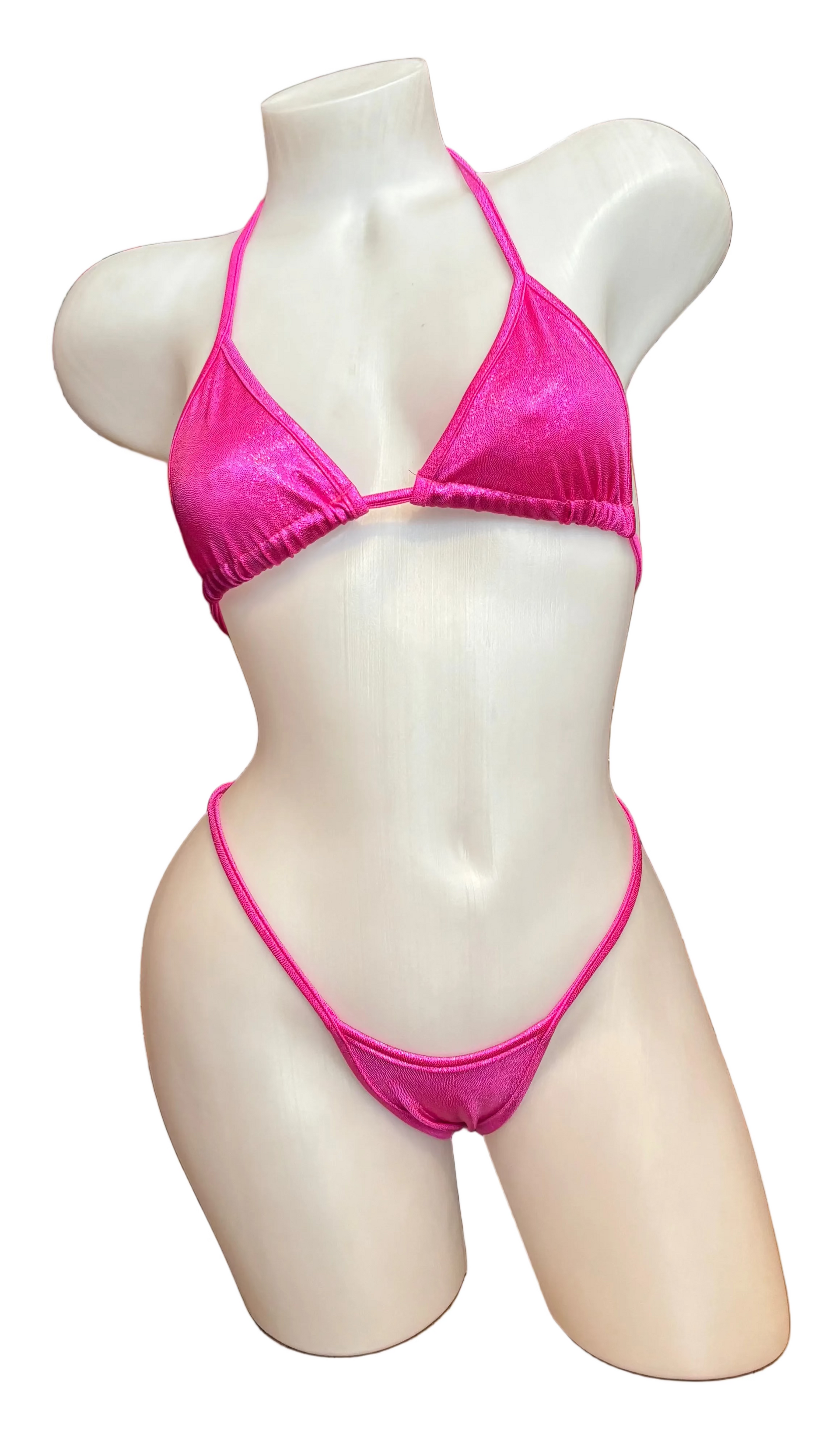 Hot pink holographic triangle top and thong lingerie set by BL, featuring shiny, reflective fabric with triangle and thong style.