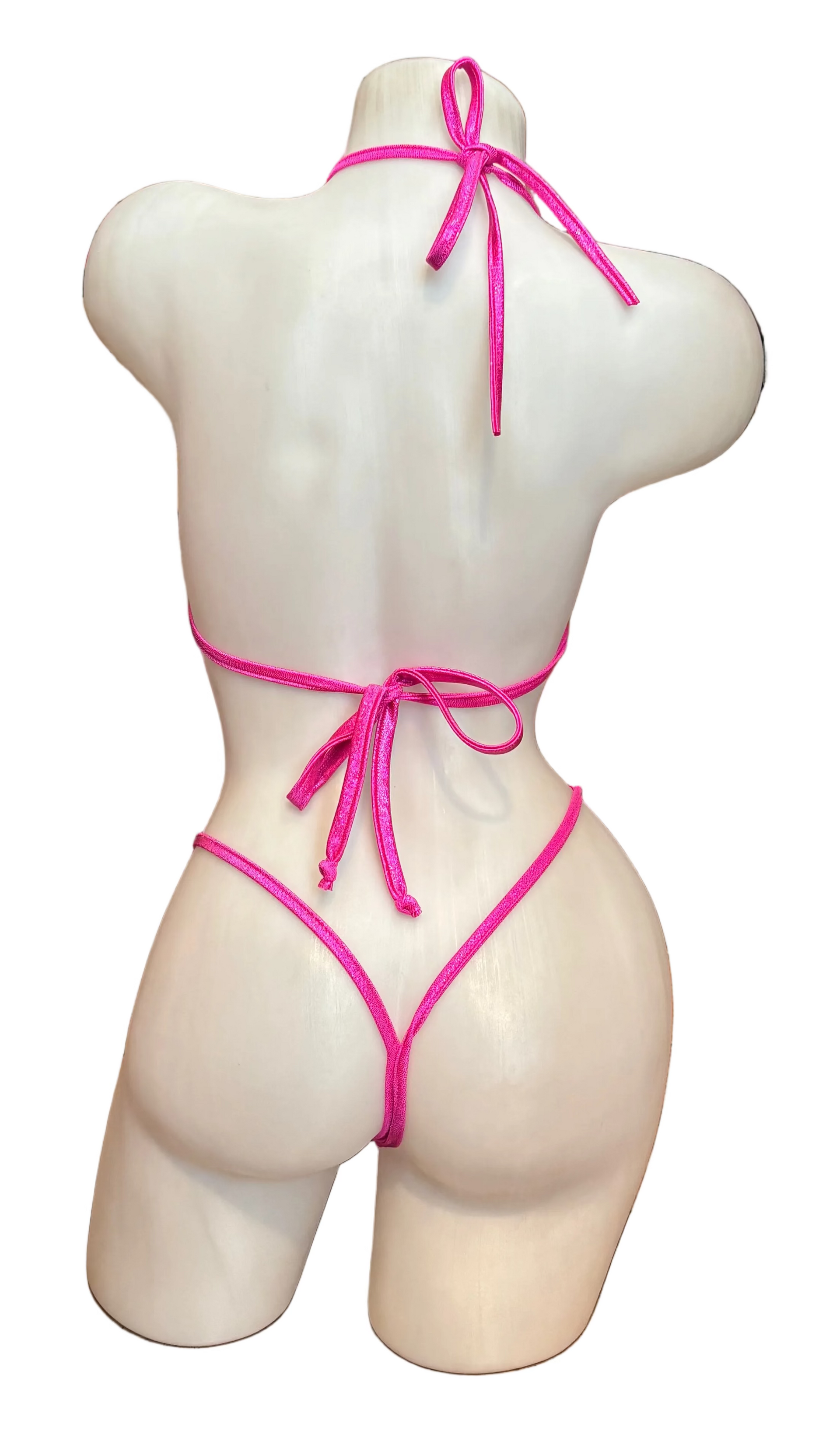 Hot pink holographic triangle top and thong lingerie set by BL, featuring shiny, reflective fabric and minimal design.