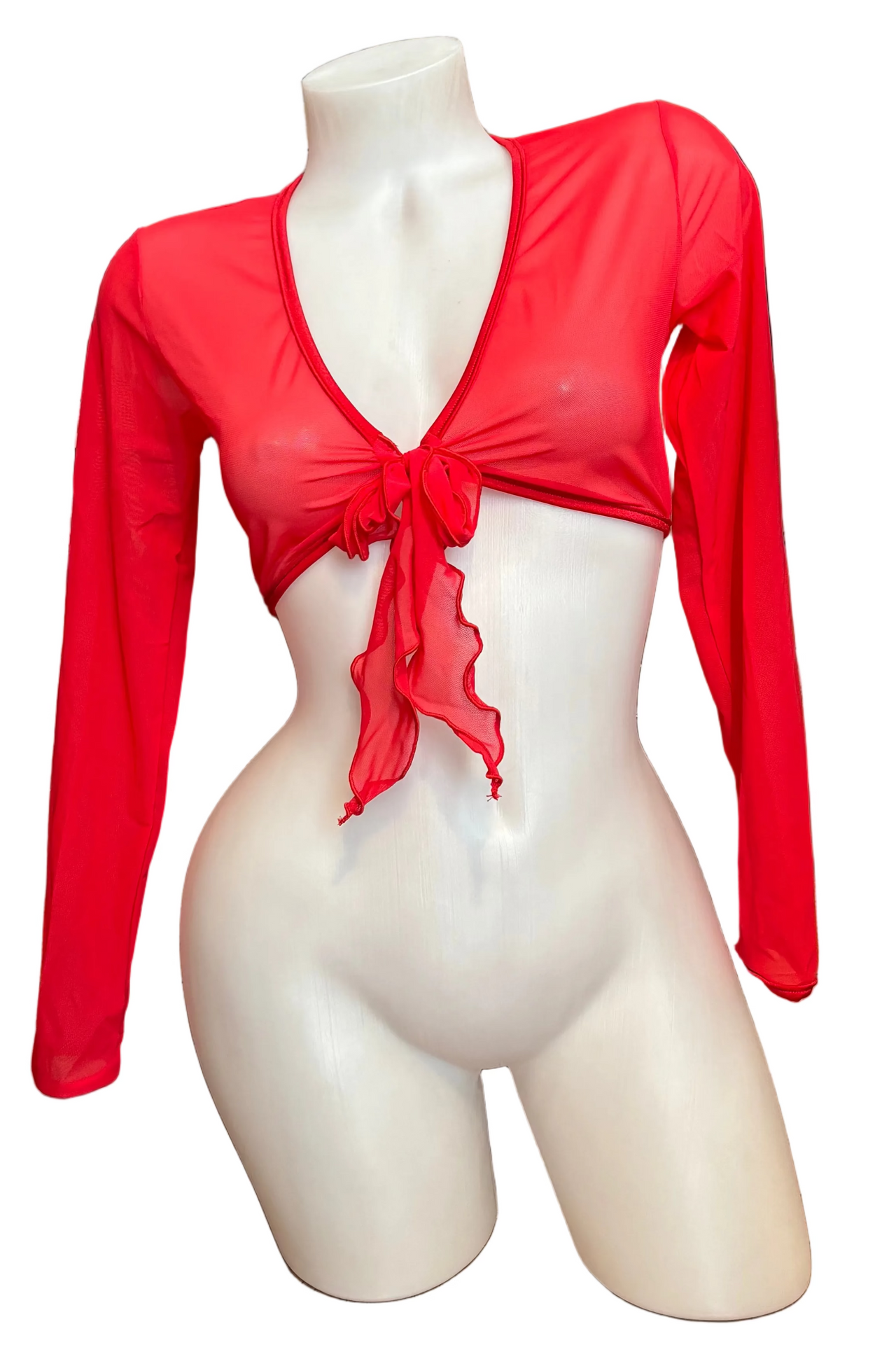 Sleeved Front Tie Crop Top Mesh Red