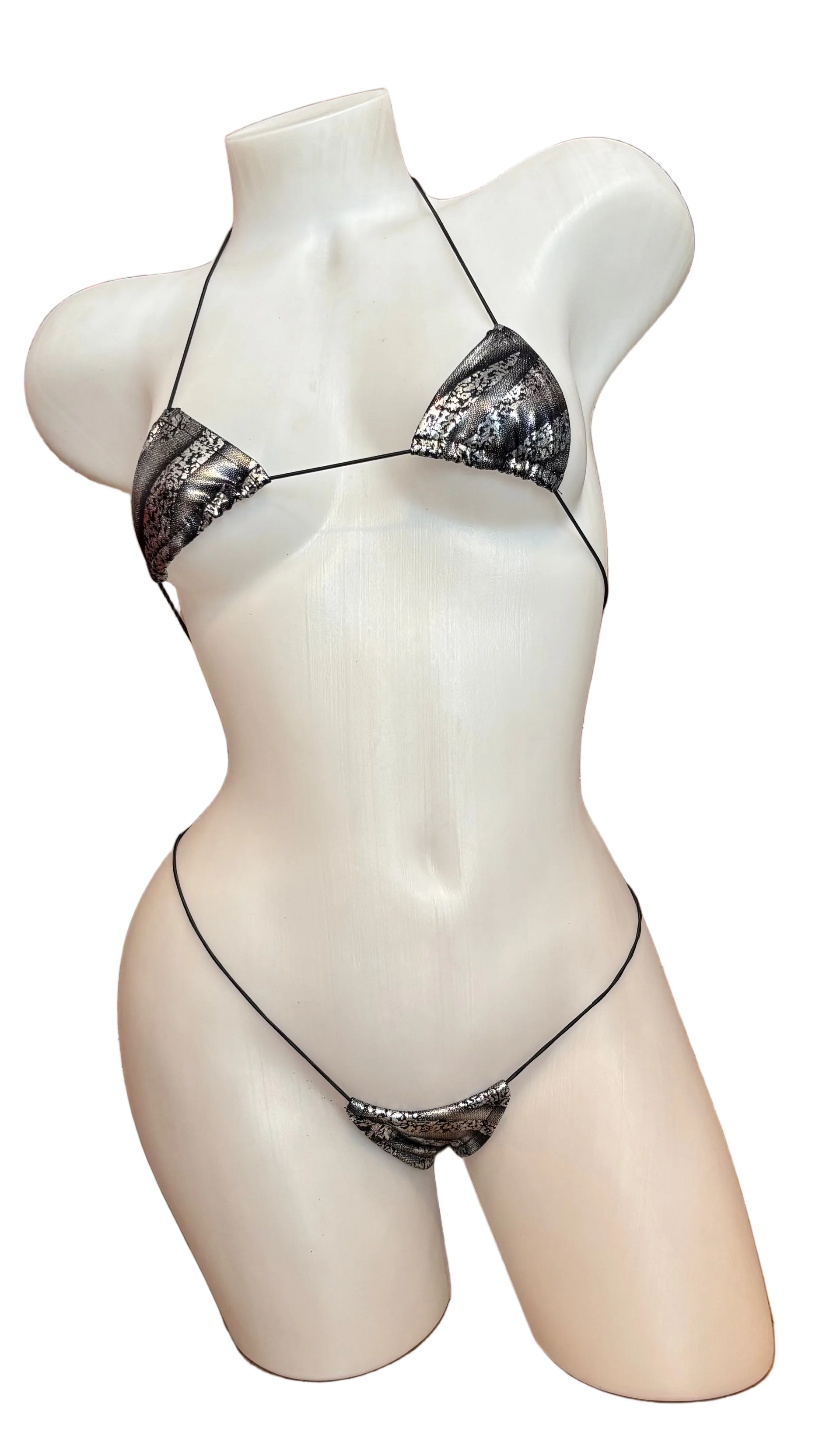 Silver foil micro Nudie bikini by BL with a sleek, shiny design perfect for beachwear or swimwear fashion.