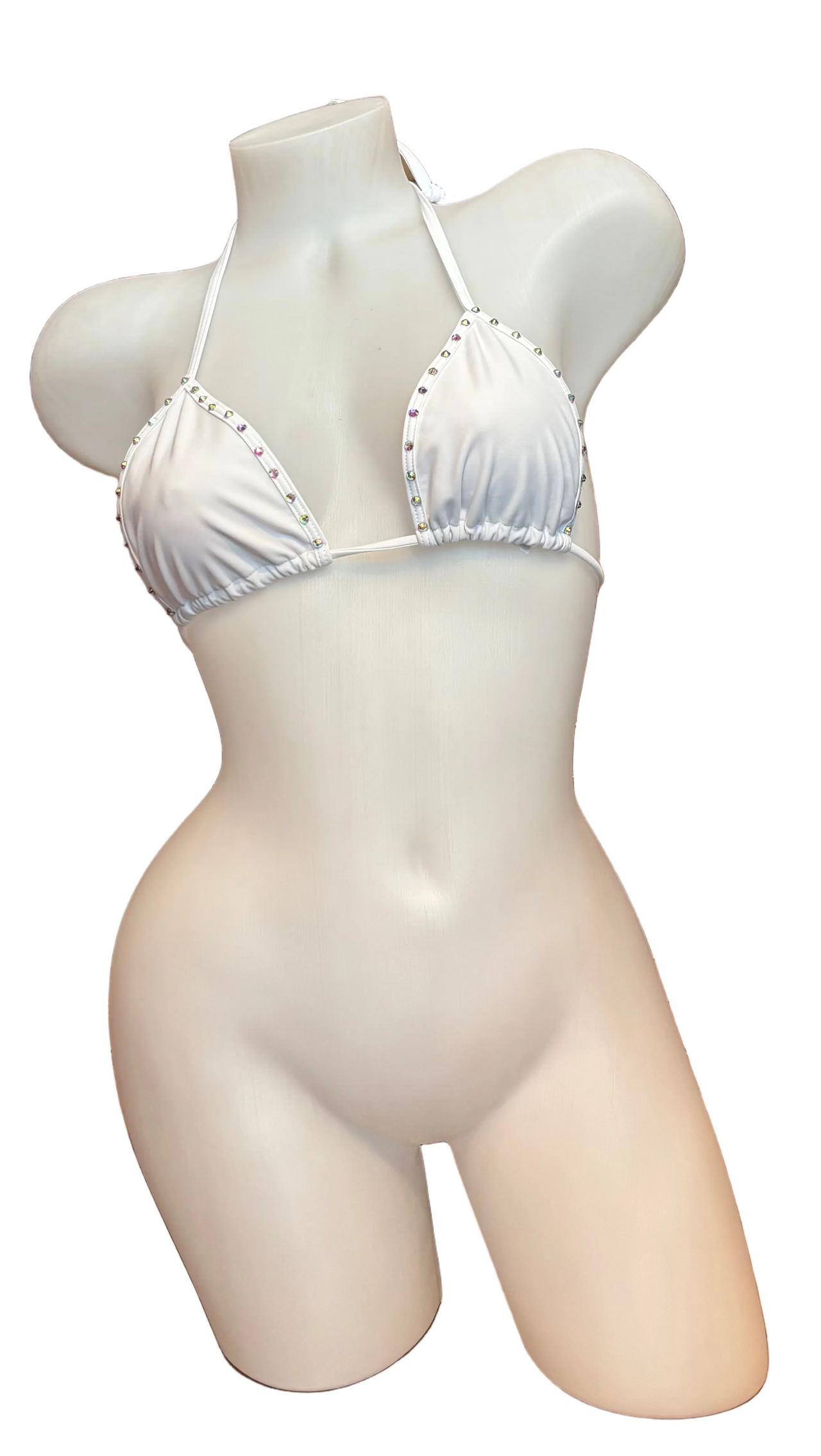 White Crystal Tri Top lingerie by CY featuring delicate crystal embellishments and a sleek, minimal design.