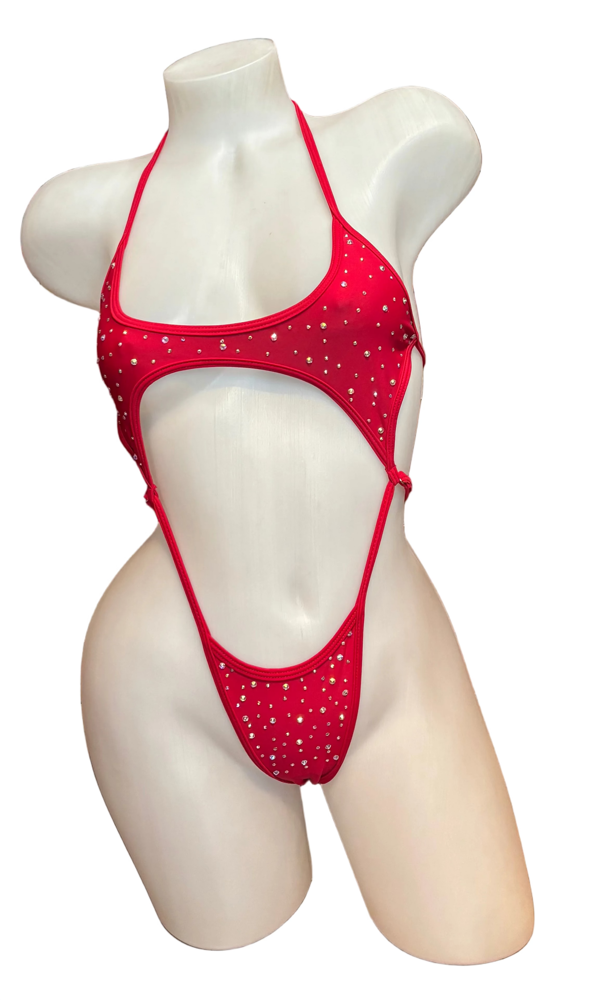 Red crystal bandeau bodysuit by CY showcasing sparkling crystals and sleek lingerie design on a neutral background.