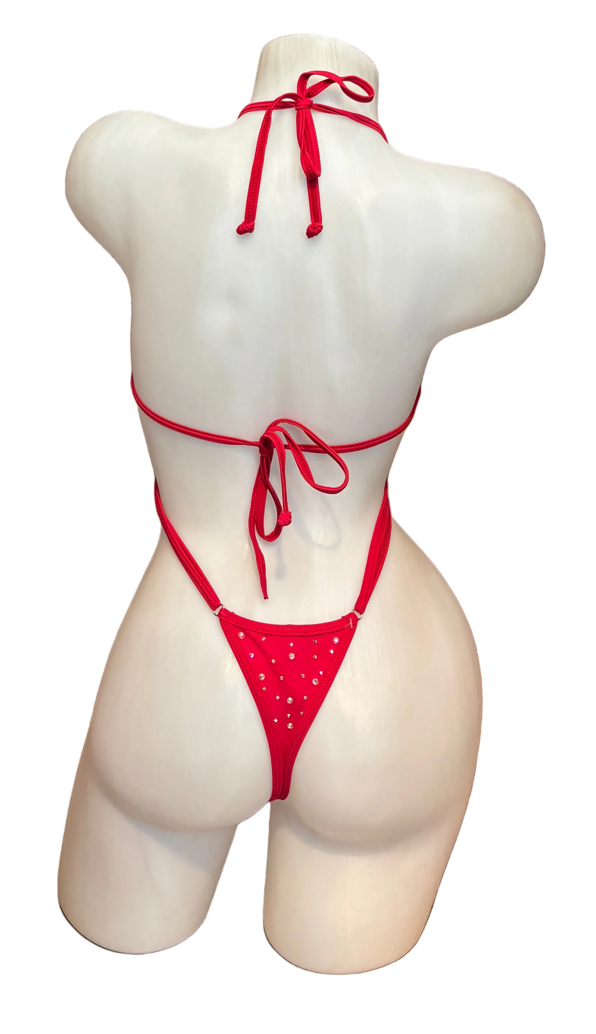 Red crystal bandeau bodysuit from CY lingerie, featuring sparkling embellishments and a sleek, form-fitting design.