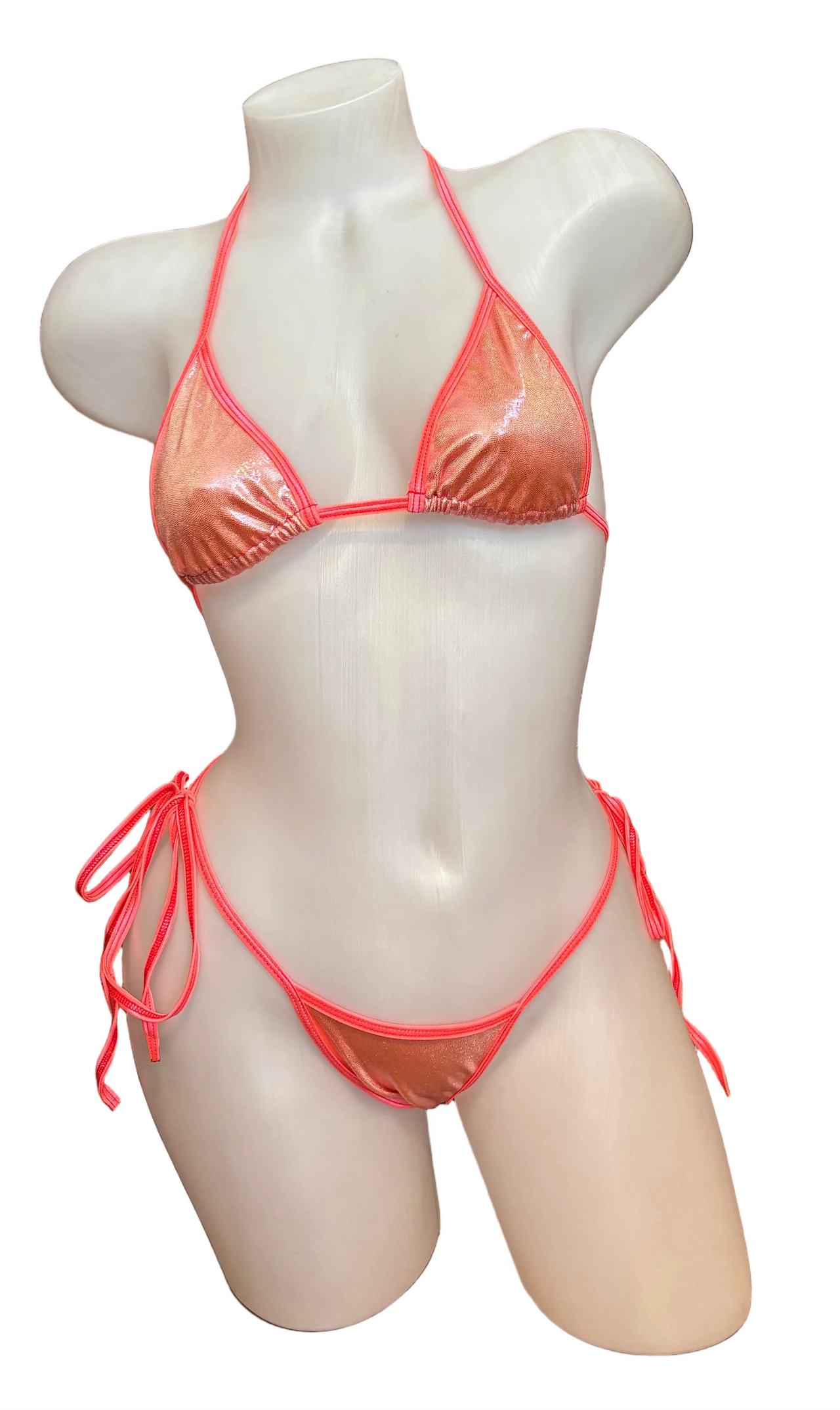 Metallic coral scrunch bikini top from X9 Bikini, showcasing shiny fabric and supportive design for beach or swimwear fashion.