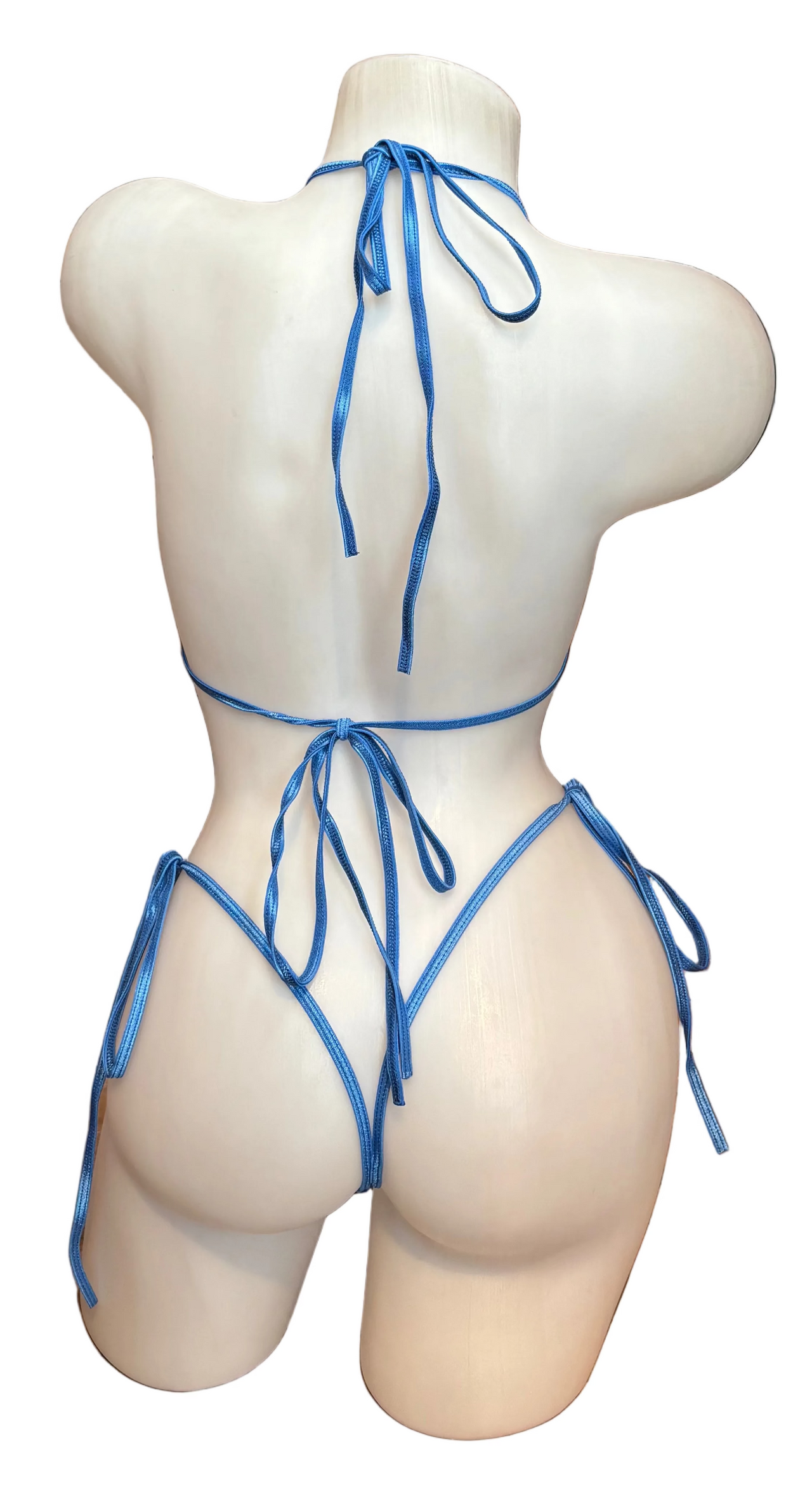 Blue hologram X9 Bikini thong lingerie with shiny, reflective fabric and minimal coverage, designed for a bold, fashionable look.