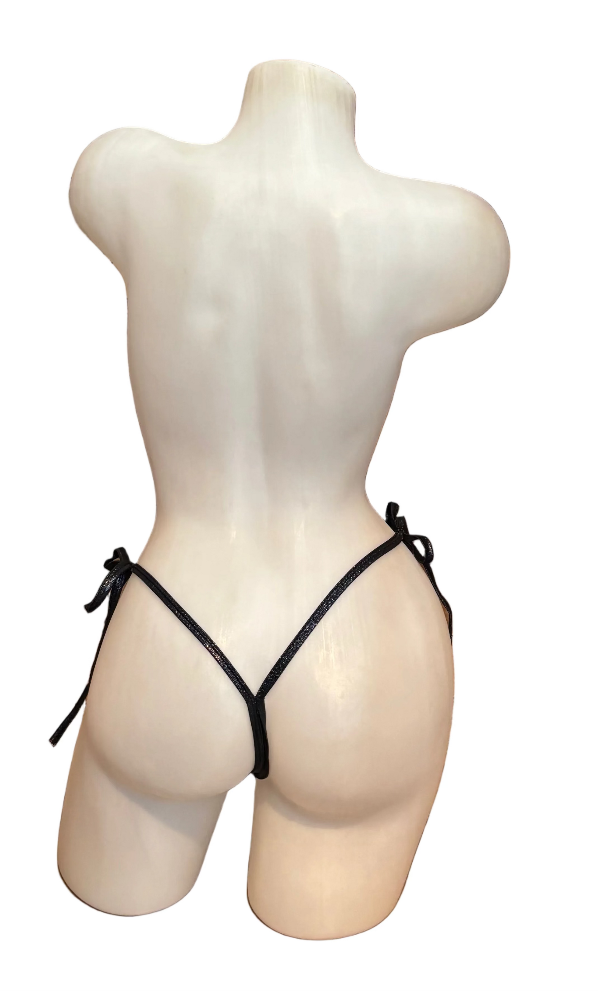Dark silver glitter bikini thong with side ties, designed by MB, featuring a shiny, eye-catching bikini style.