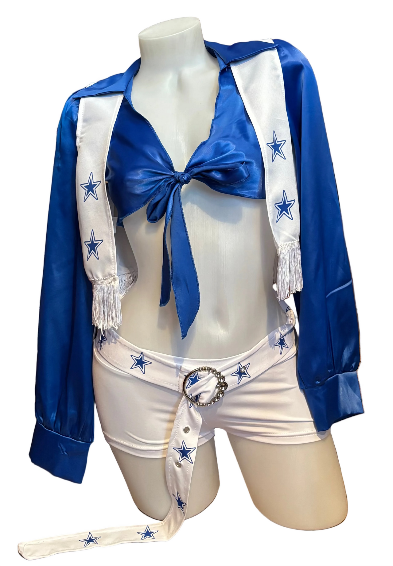 Dallas Cowboys Cheerleader costume by BS, featuring a cheerleading outfit with team colors and pom-poms on a mannequin.