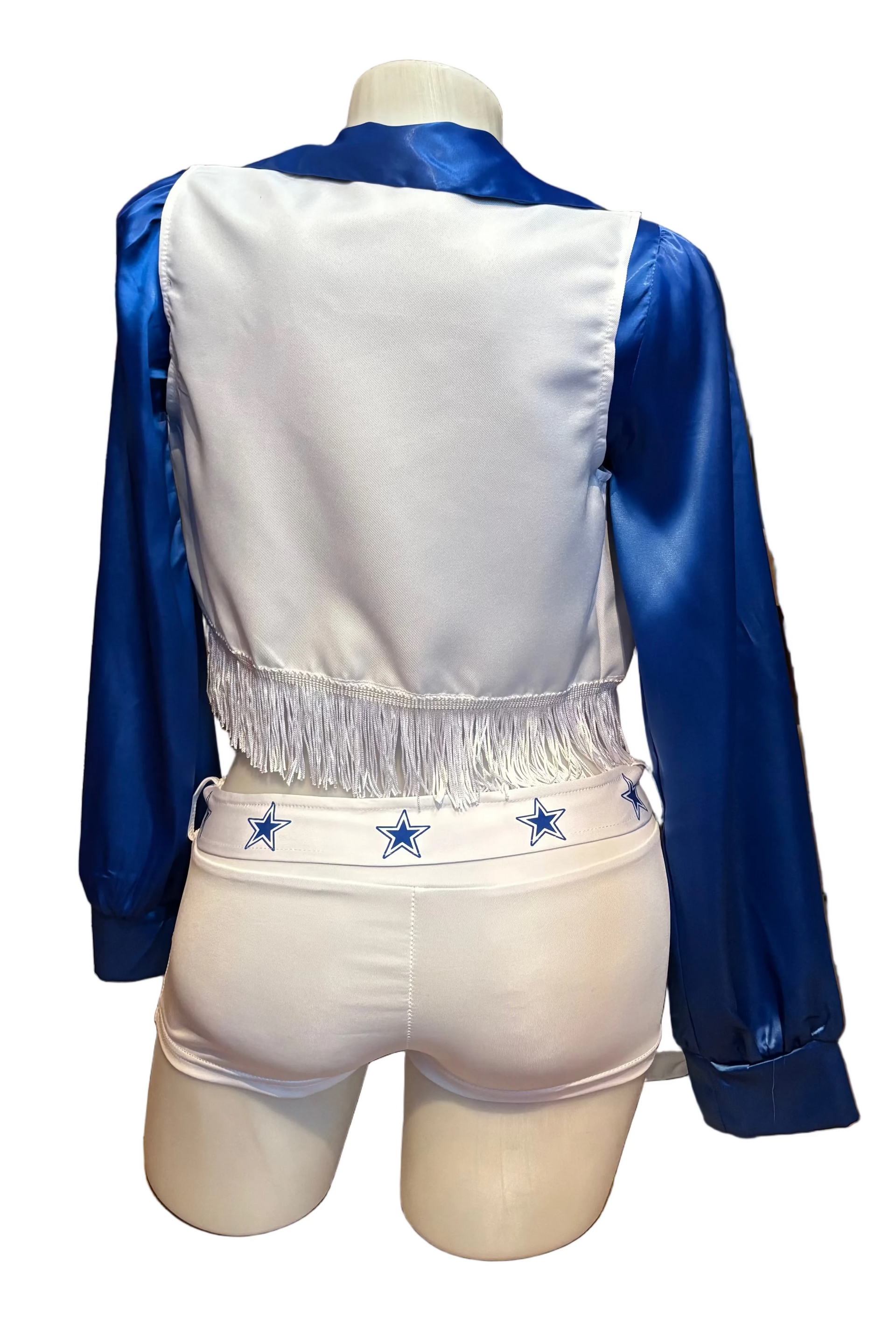 Dallas Cowboys cheerleader costume by BS featuring a blue and white cheerleading outfit with pom-poms and team logo details.