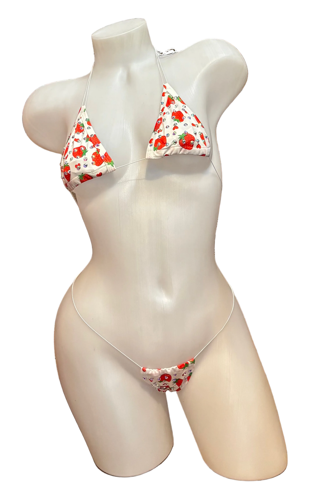 White rhinestone micro bikini with strawberry design from BPI, featuring sparkling rhinestones and a minimal, strappy bikini style.