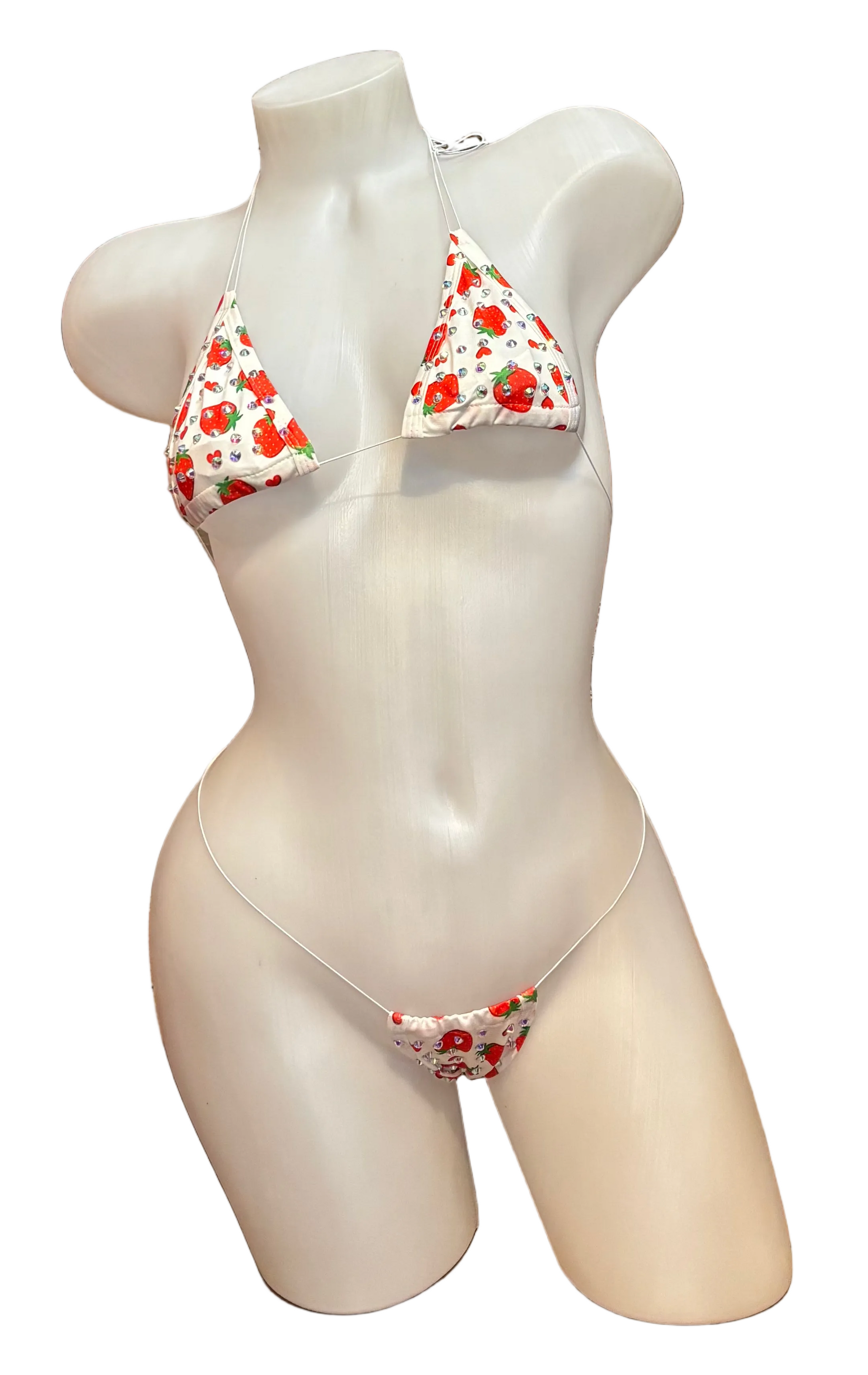 White rhinestone micro bikini with strawberry design from BPI, featuring sparkling rhinestones and a minimal, strappy bikini style.