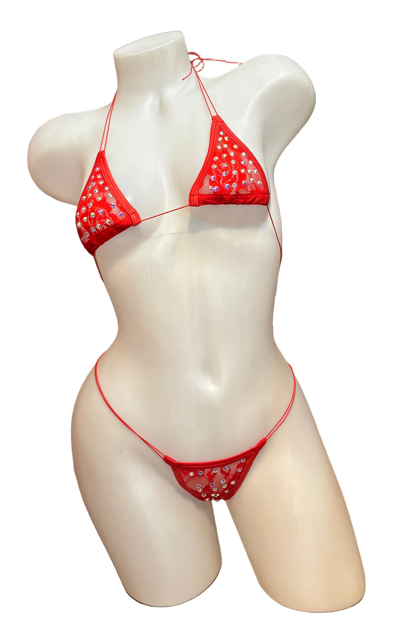 Red lace rhinestone micro bikini by BPI featuring sparkling rhinestones and delicate lace details.