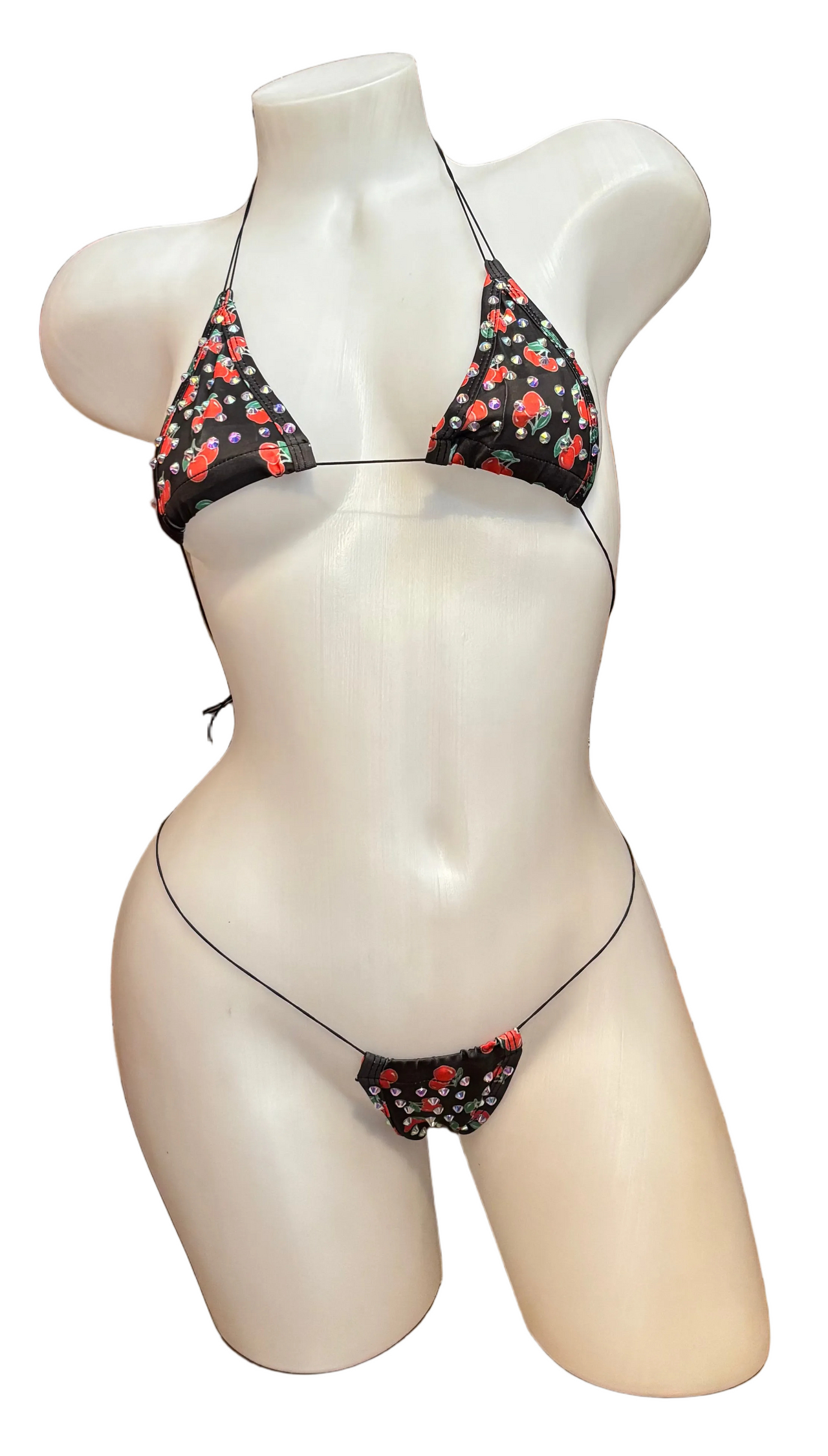 BPI rhinestone micro bikini with cherry accents, front view