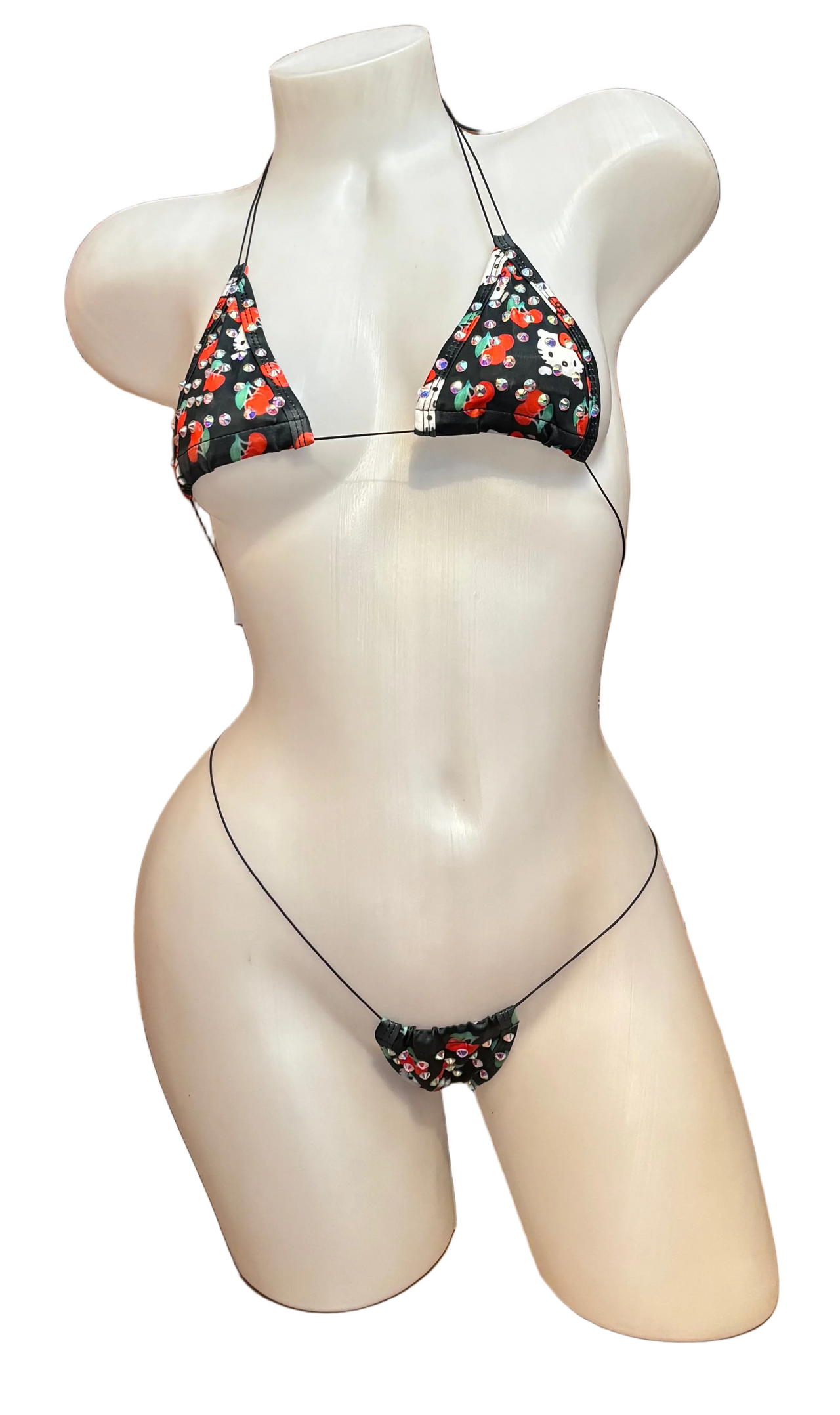 BPI Hello Kitty Cherry rhinestone micro bikini with colorful cherry design, featuring sparkling rhinestones and minimal coverage.