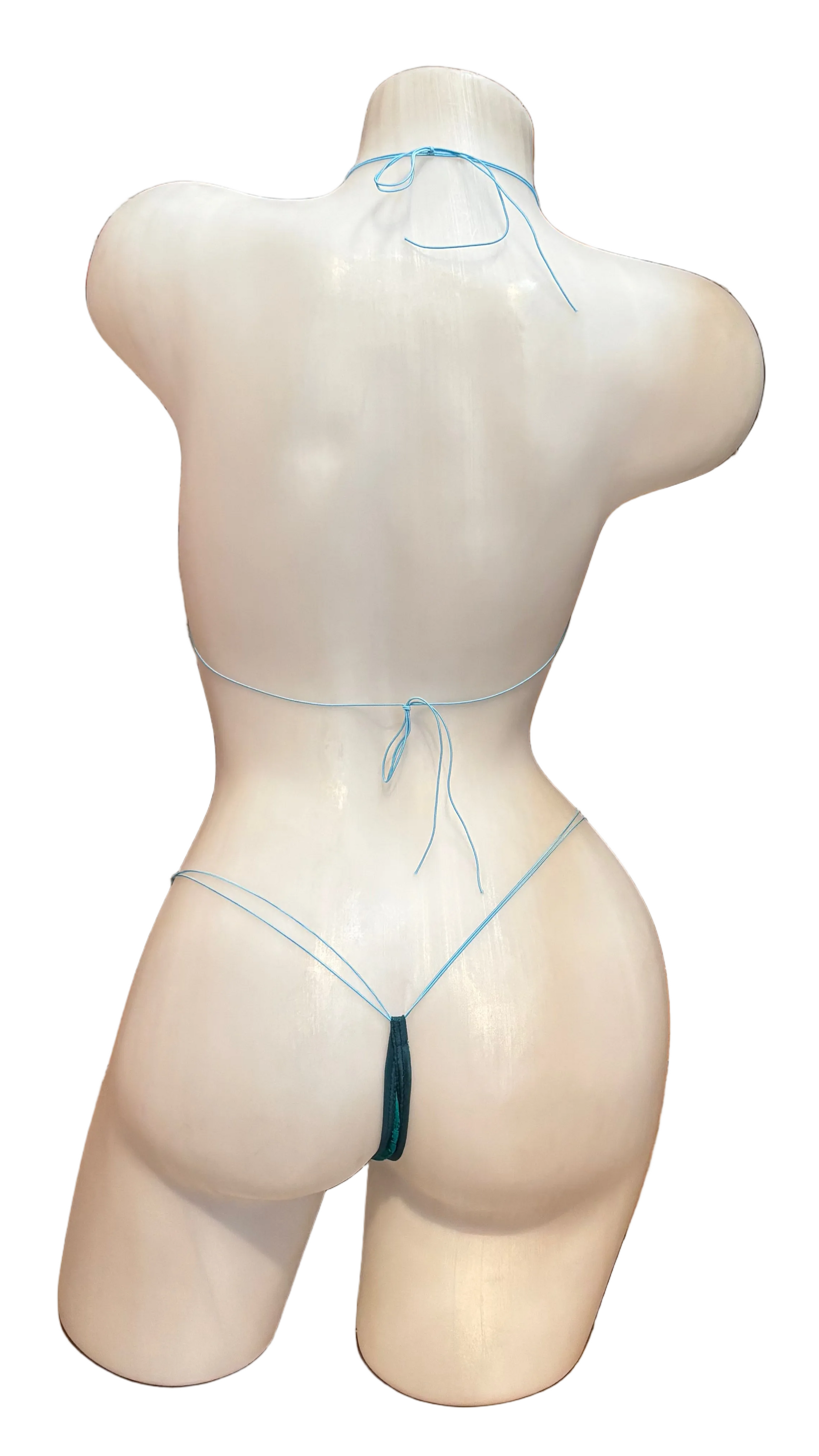 Teal rhinestone micro bikini with lace detailing, featuring a fashionable BPI bikini design for a stylish beach or pool look.