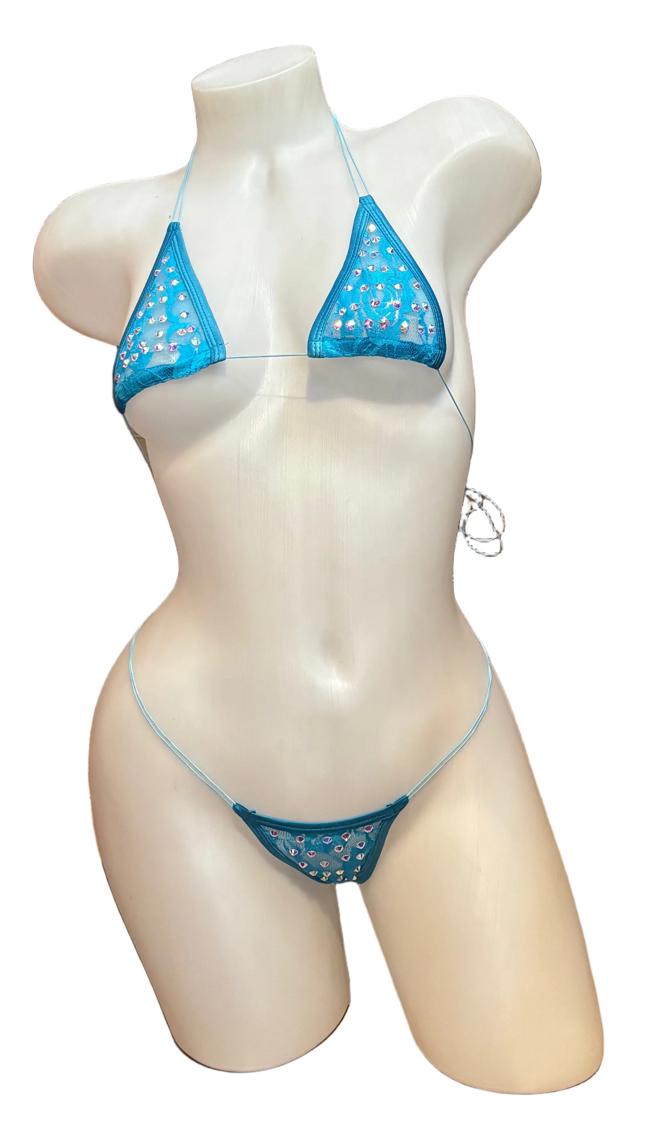 BPI blue lace rhinestone micro bikini with sparkling embellished details