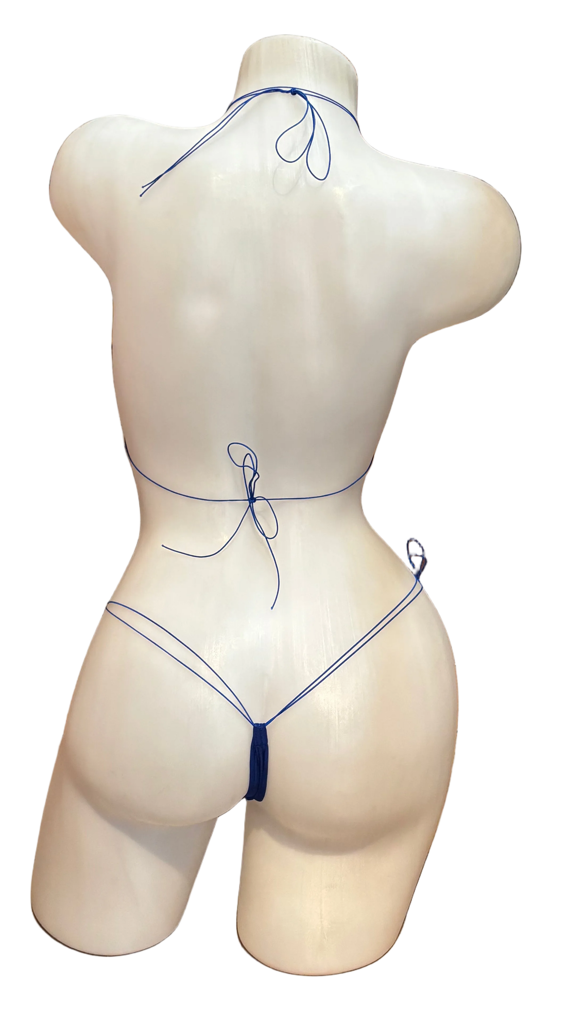 Royal blue rhinestone micro bikini with lace details, featuring a sleek bikini style from BPI.