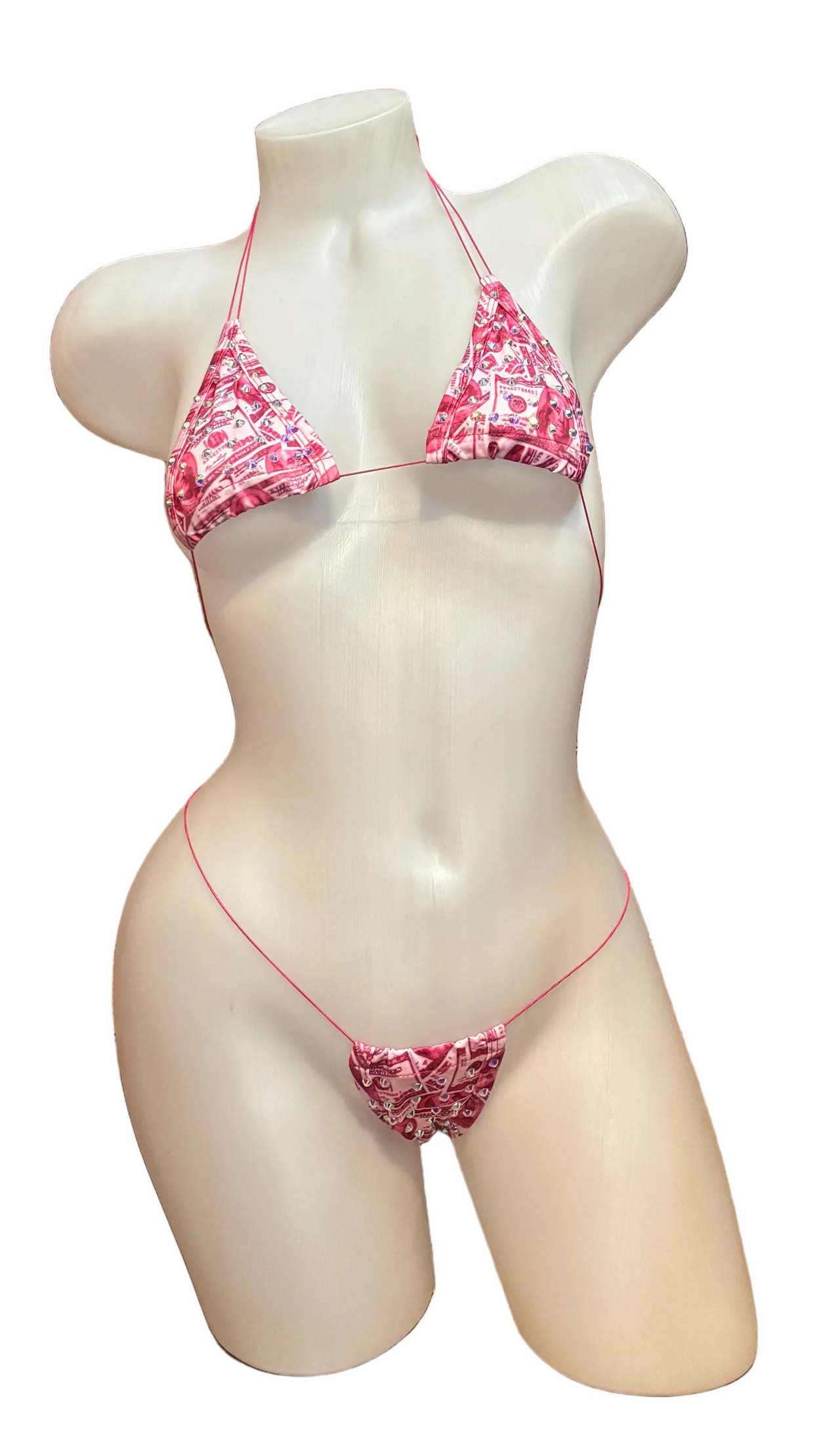 Pink rhinestone micro bikini by BPI featuring sparkling embellishments and minimal coverage, perfect for beach or poolside wear.
