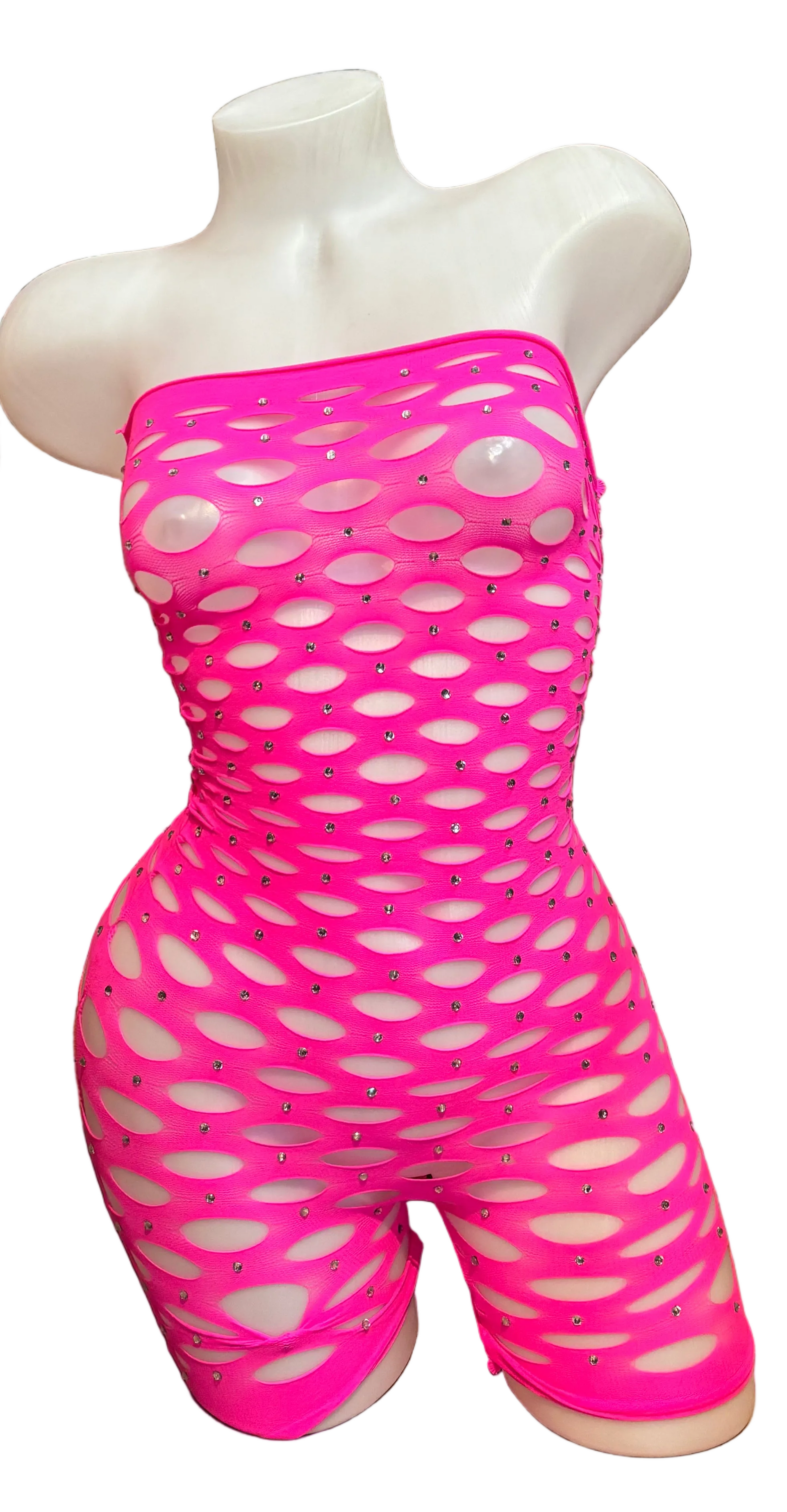 BPI hot pink Rhinestone Pothole lingerie romper with sparkling rhinestone details
