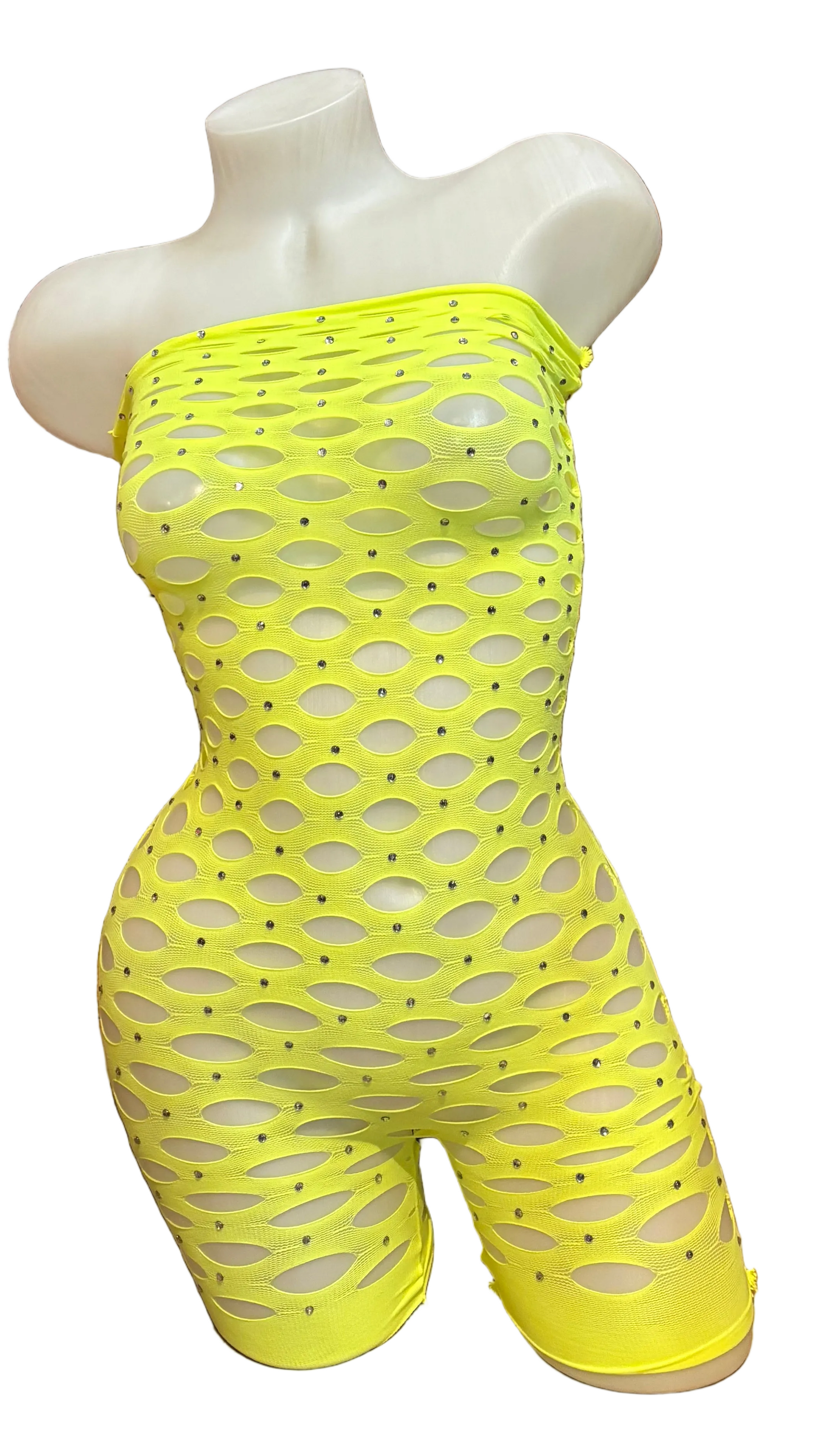 BPI neon yellow rhinestone pothole romper lingerie outfit
