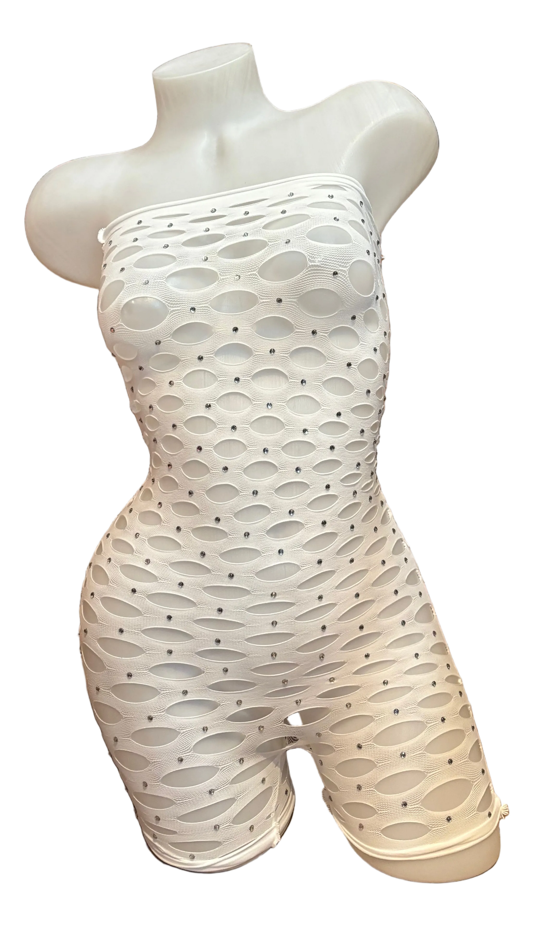 BPI white rhinestone pothole romper lingerie with cutout front detailing