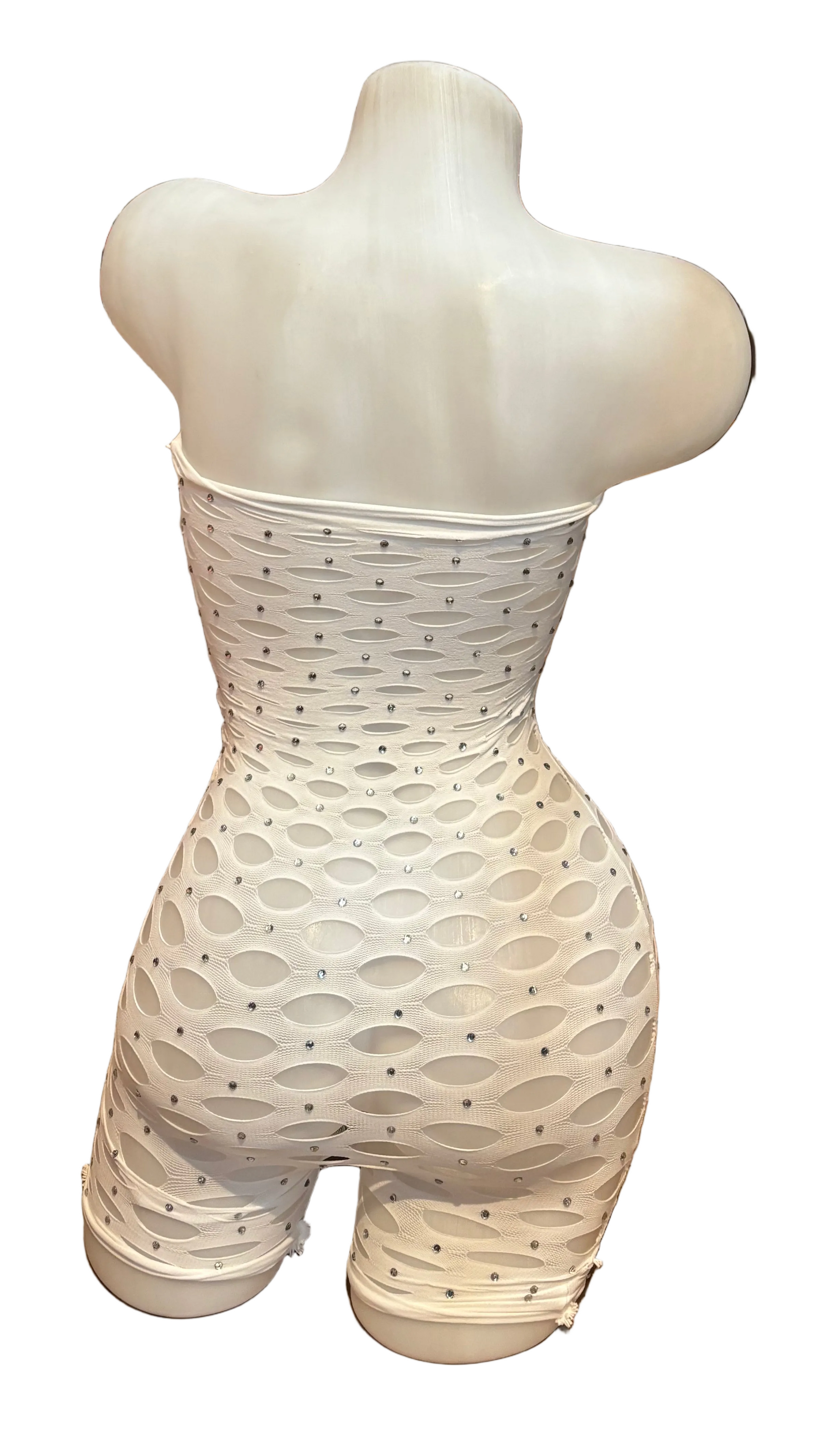 BPI white rhinestone pothole romper lingerie with sparkling cutout details