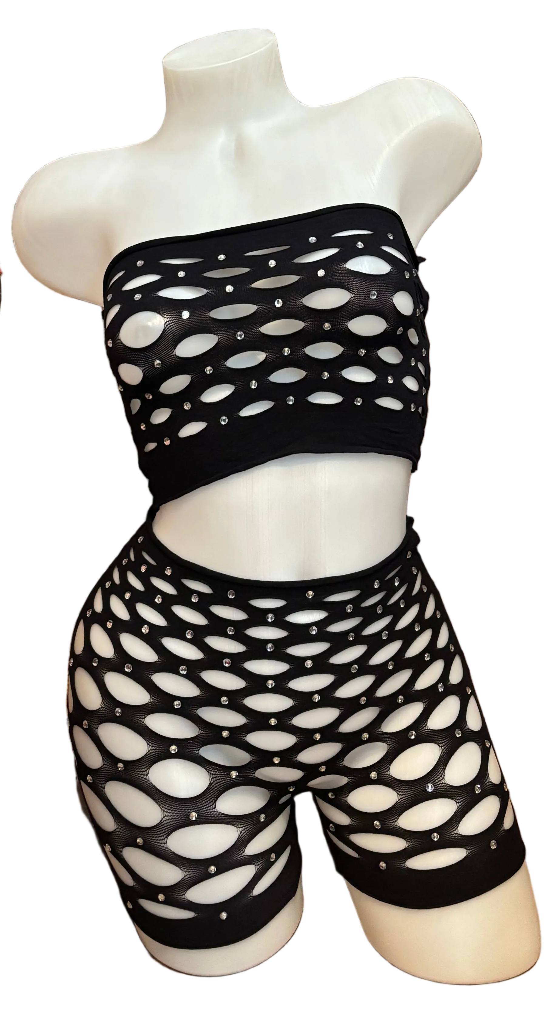 BPI black rhinestone pothole bandeau and short lingerie set人體藝術