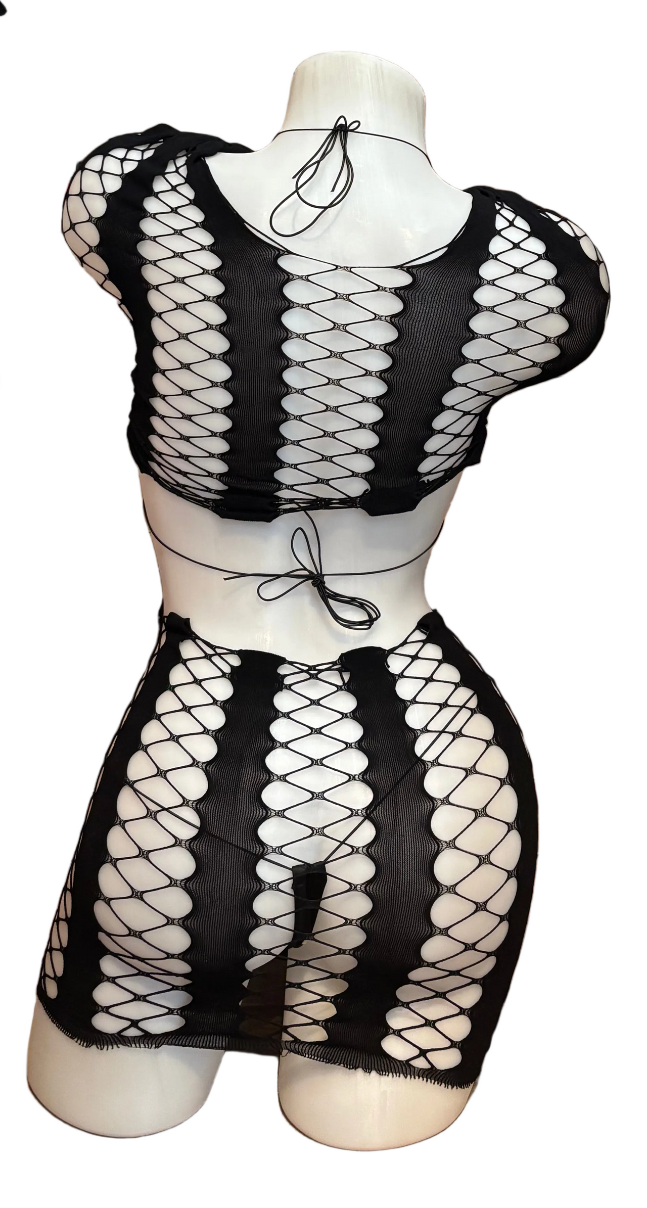 BPI black rhinestone bikini, bolero and skirt lingerie set