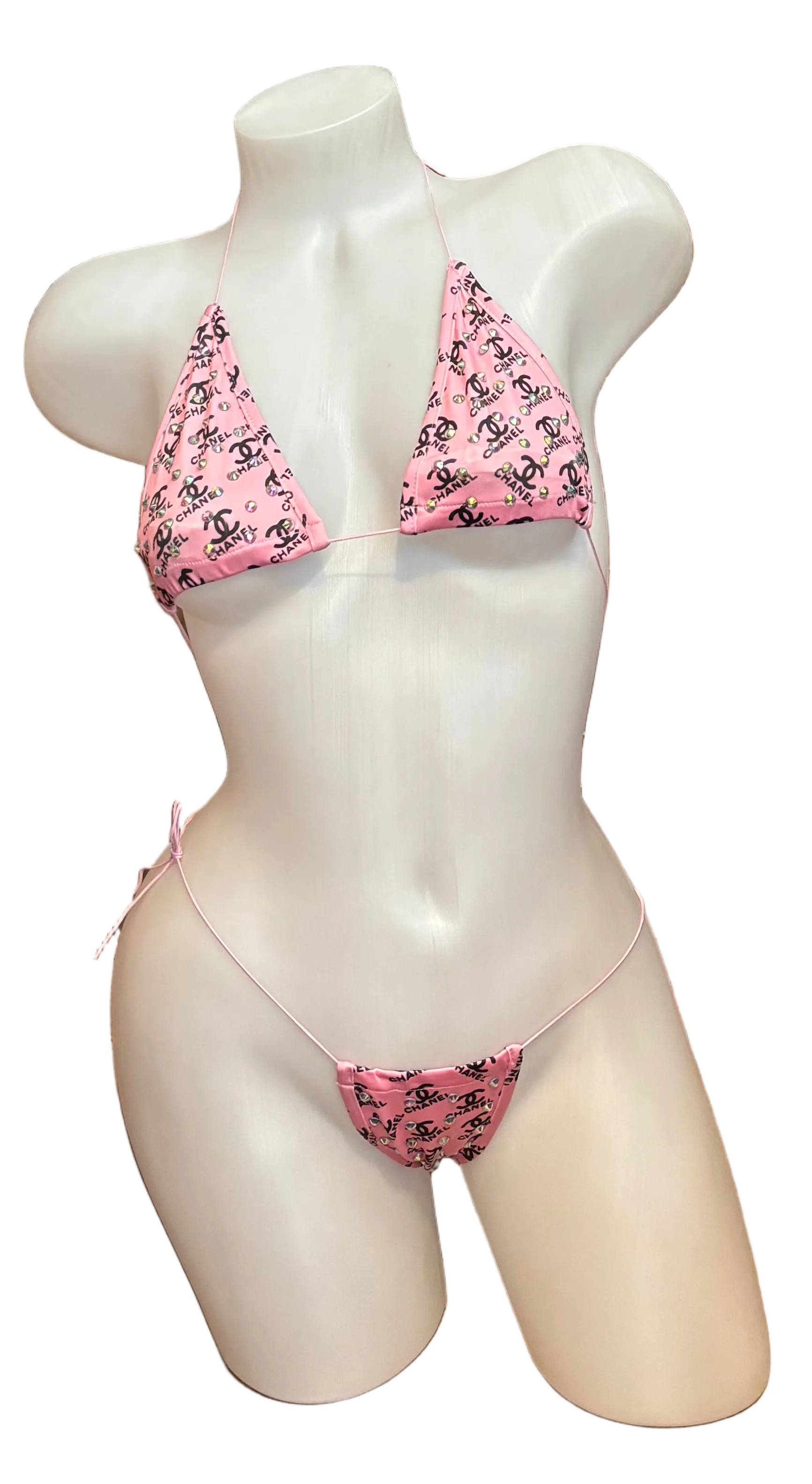 BPI Designer Pink rhinestone micro bikini with sparkling embellishments.