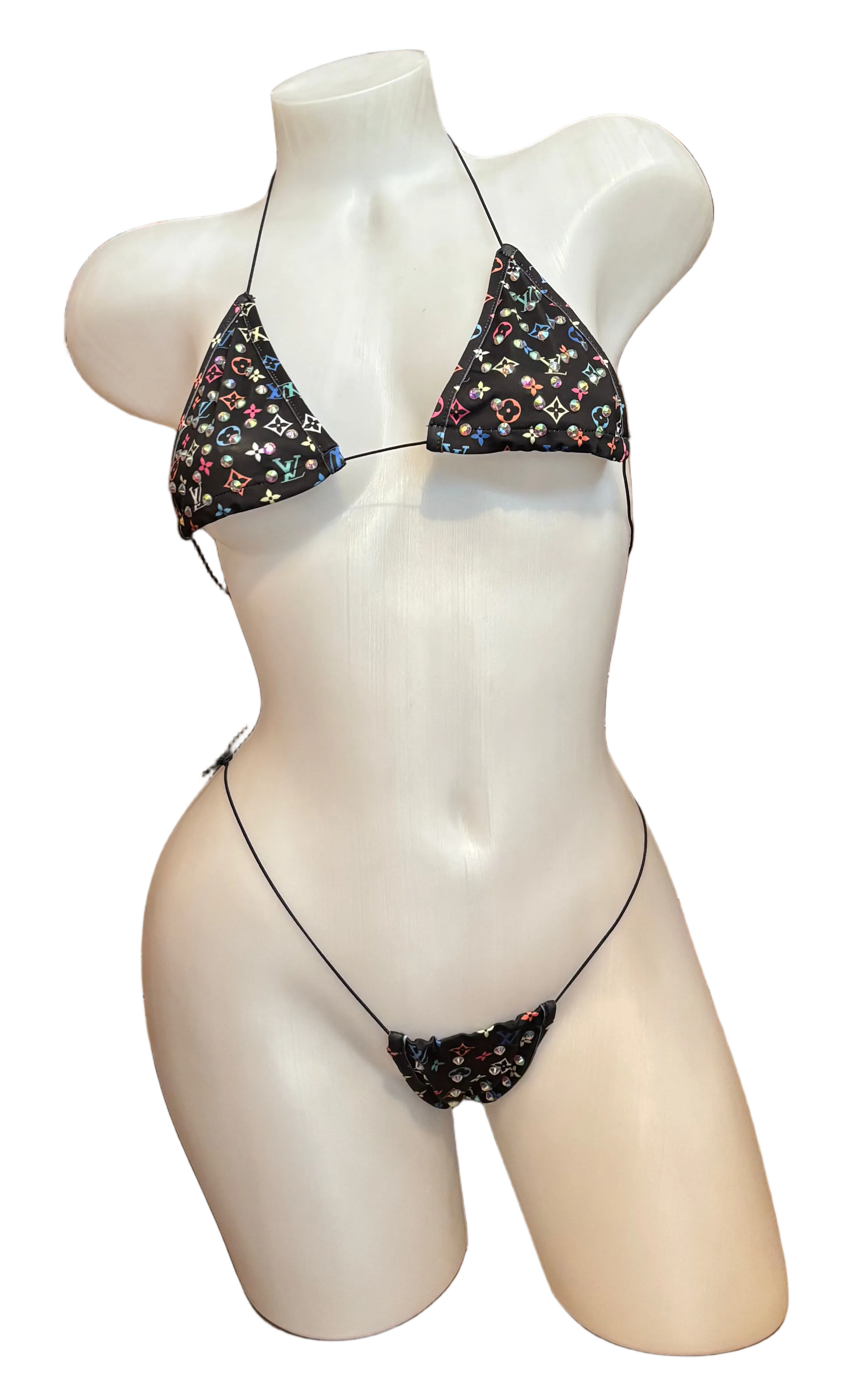 BPI rhinestone micro bikini in designer black with multicolor embellishments