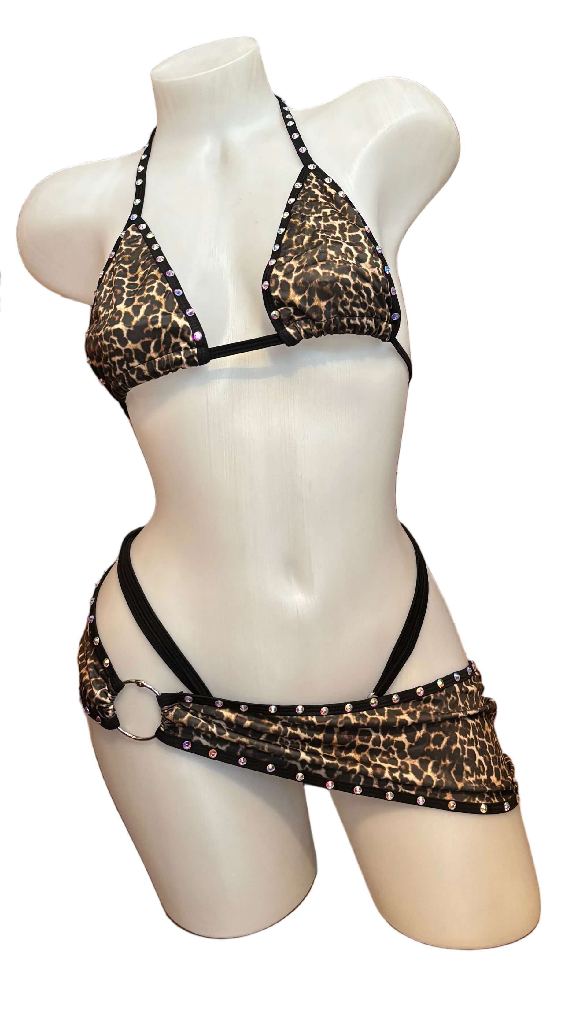 BPI leopard rhinestone bikini and sarong lingerie set displayed together