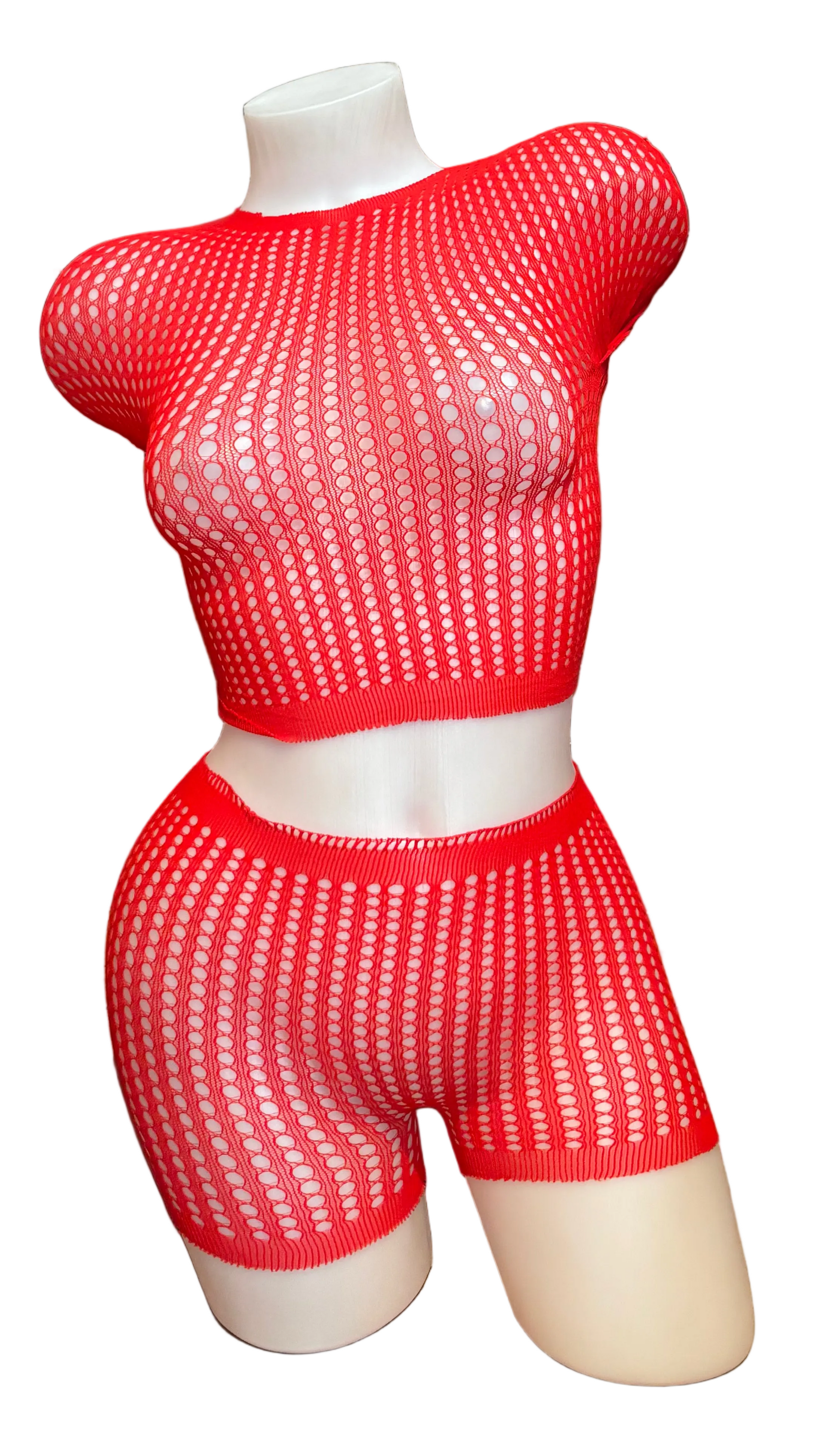 BPI red long sleeve mini hole top and short lingerie set