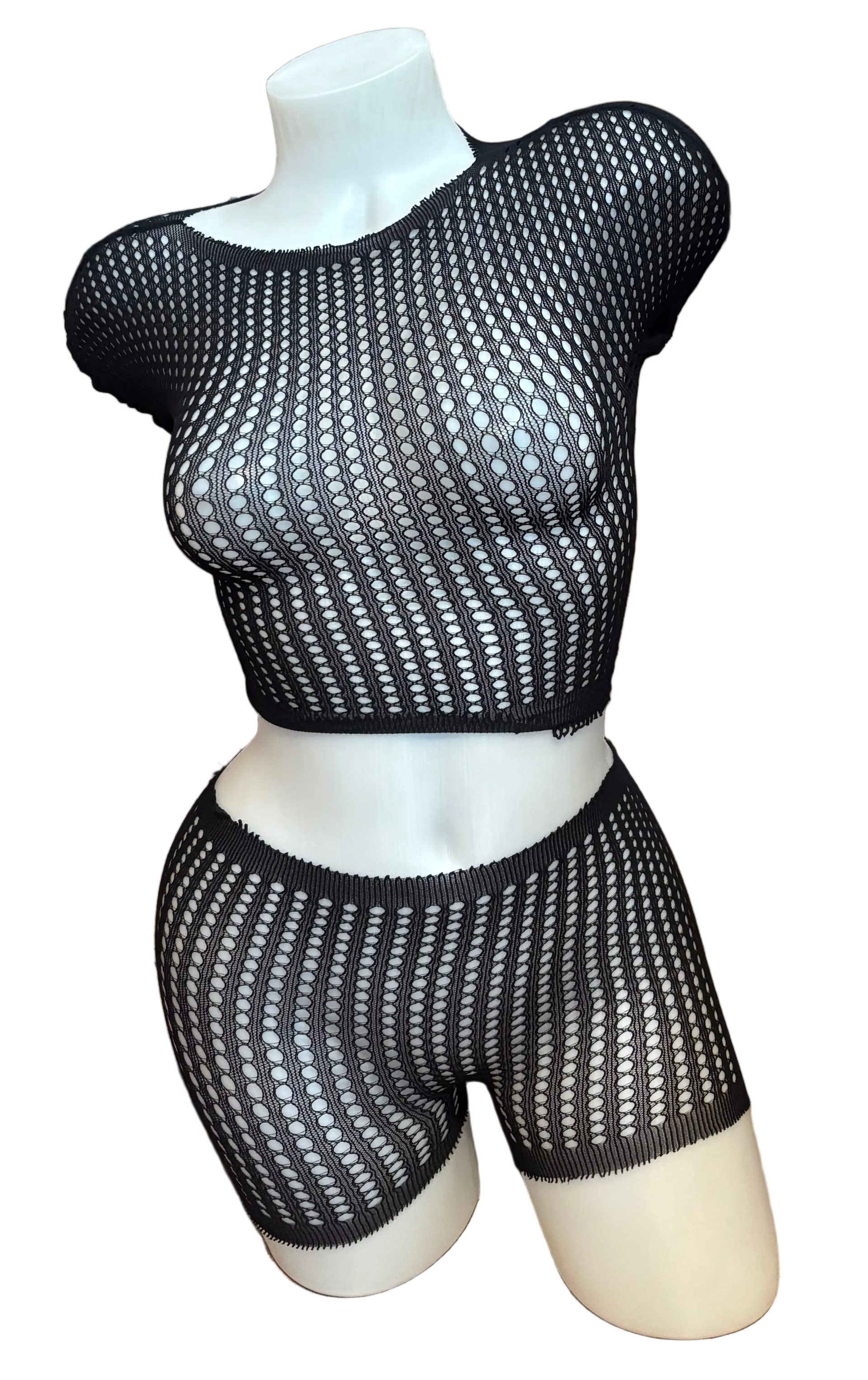 BPI black long sleeve mini hole lingerie top and short set