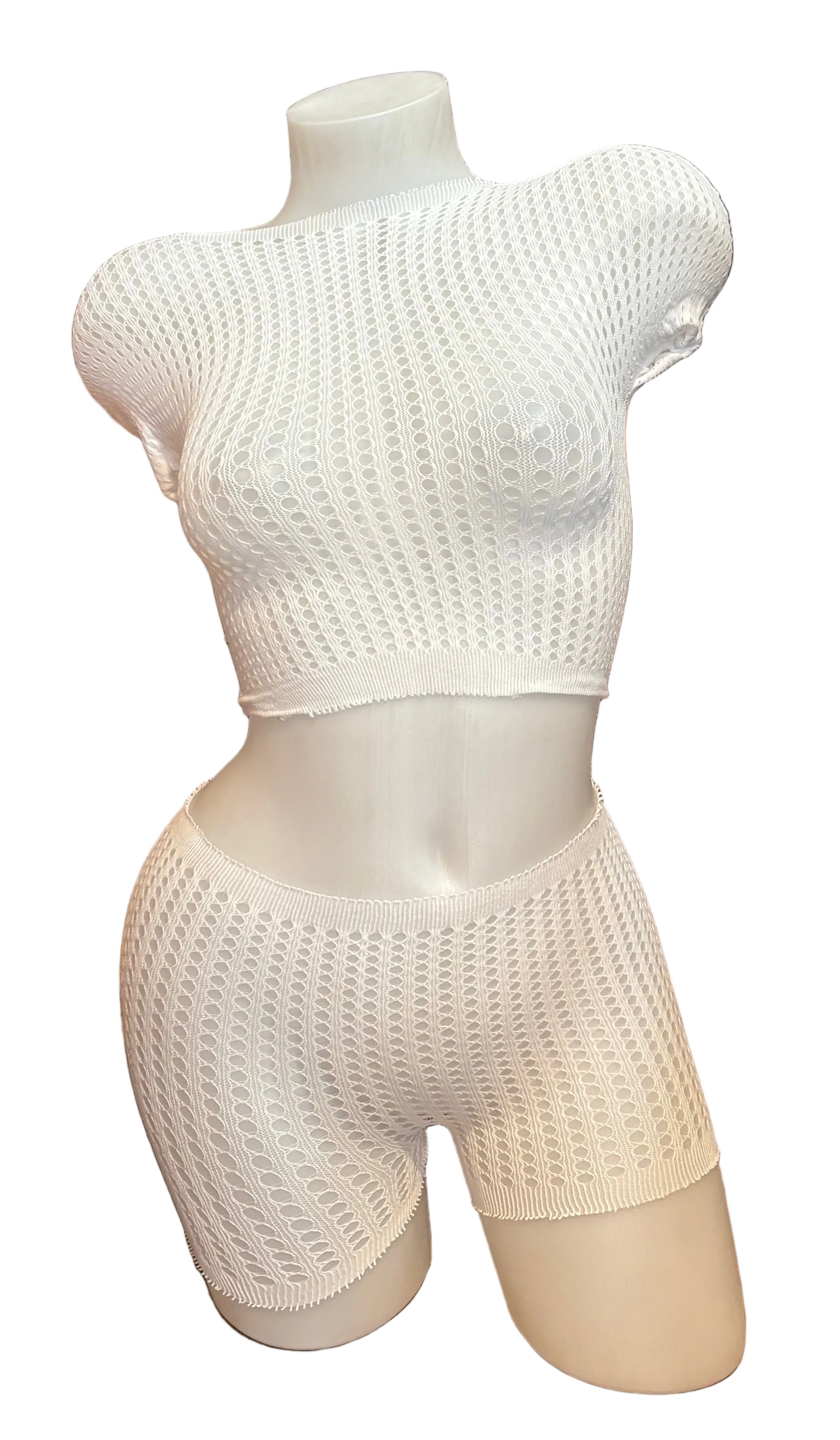 BPI white long sleeve mini hole lingerie top and short set.