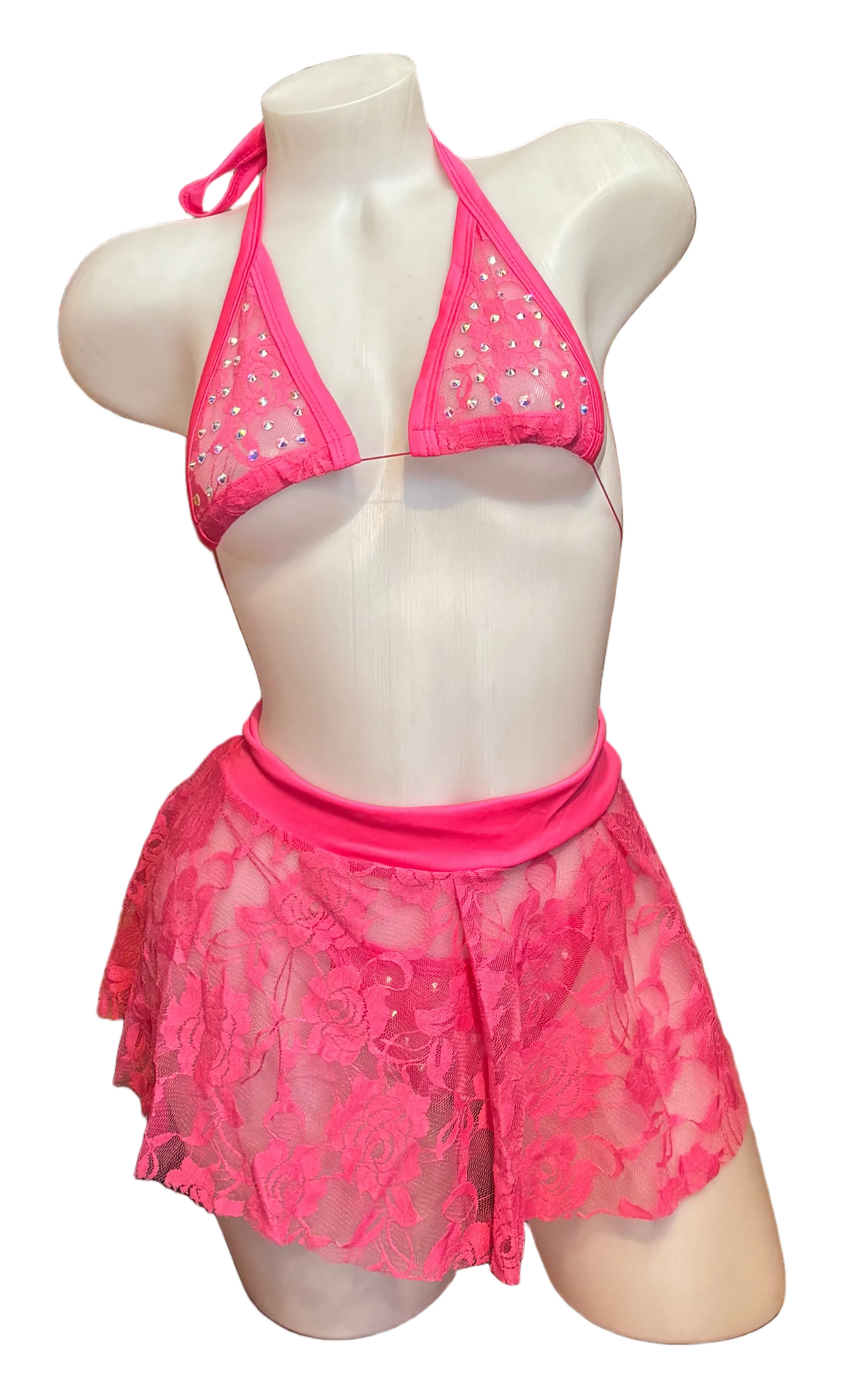 BPI hot pink rhinestone lace bikini and skirt set lingerie outfit