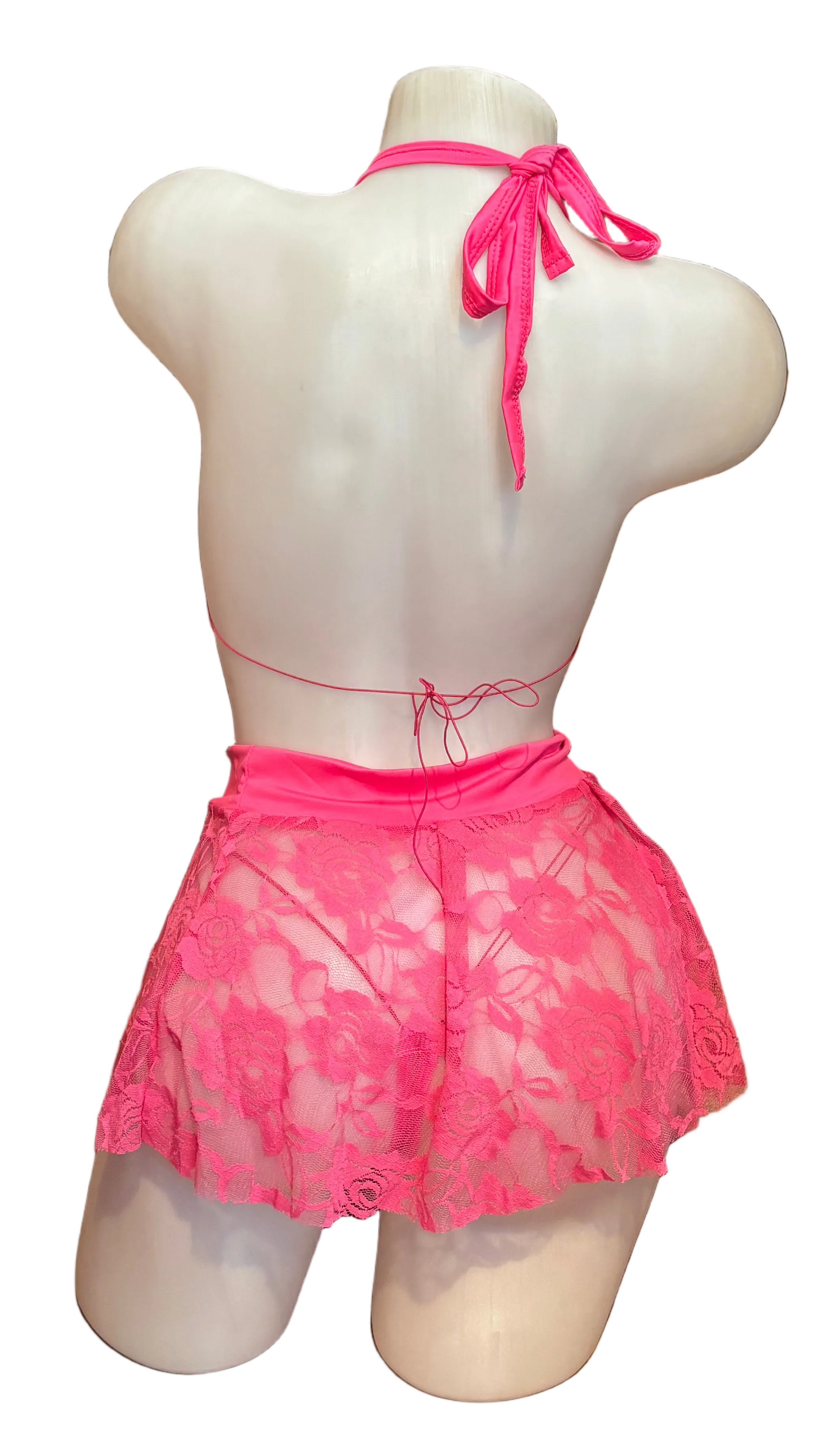 BPI hot pink rhinestone lace bikini and skirt set lingerie ensemble