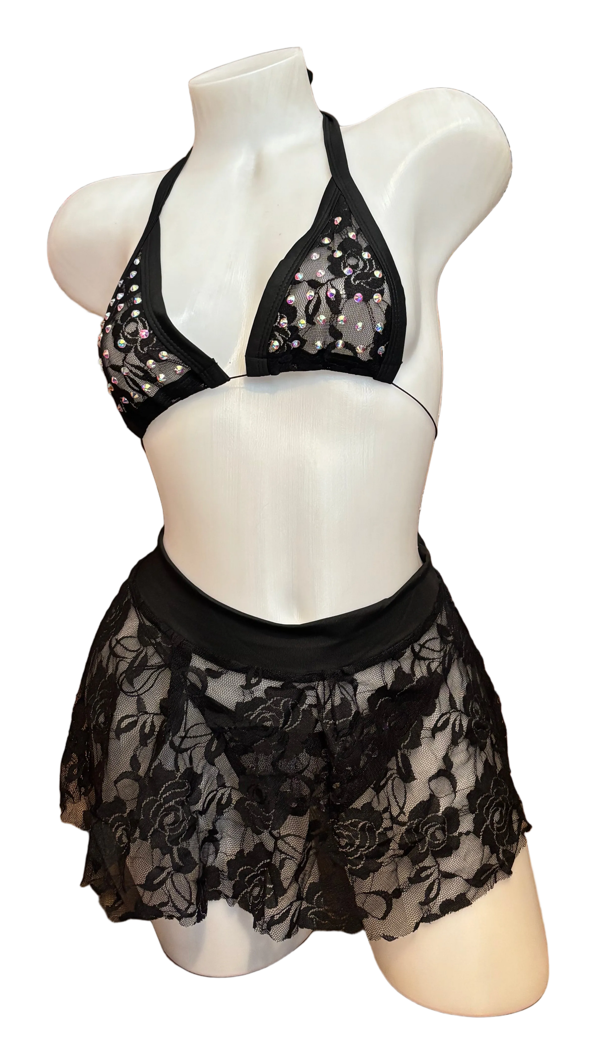 BPI red rhinestone lace bikini and skirt set lingerie shown together