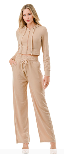 French Terry Cropped Zip Hoodie and Pants Tan
