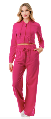 French Terry Cropped Zip Hoodie and Pants Fuchsia